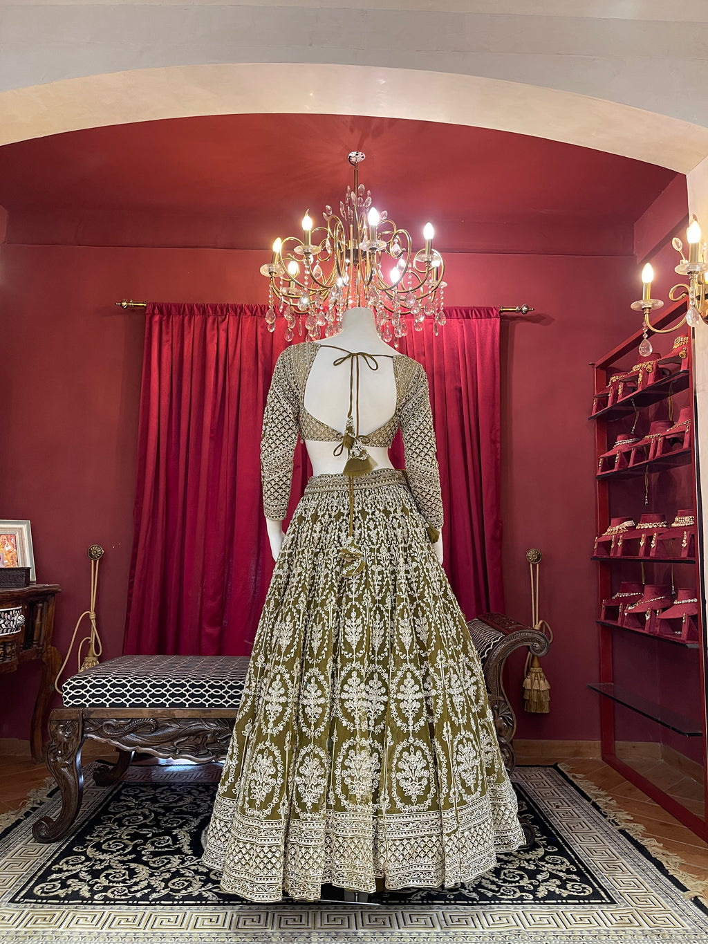 Olive Green Sequined Chikankari & Threadwork Lehenga Set with Full Sleeve Blouse