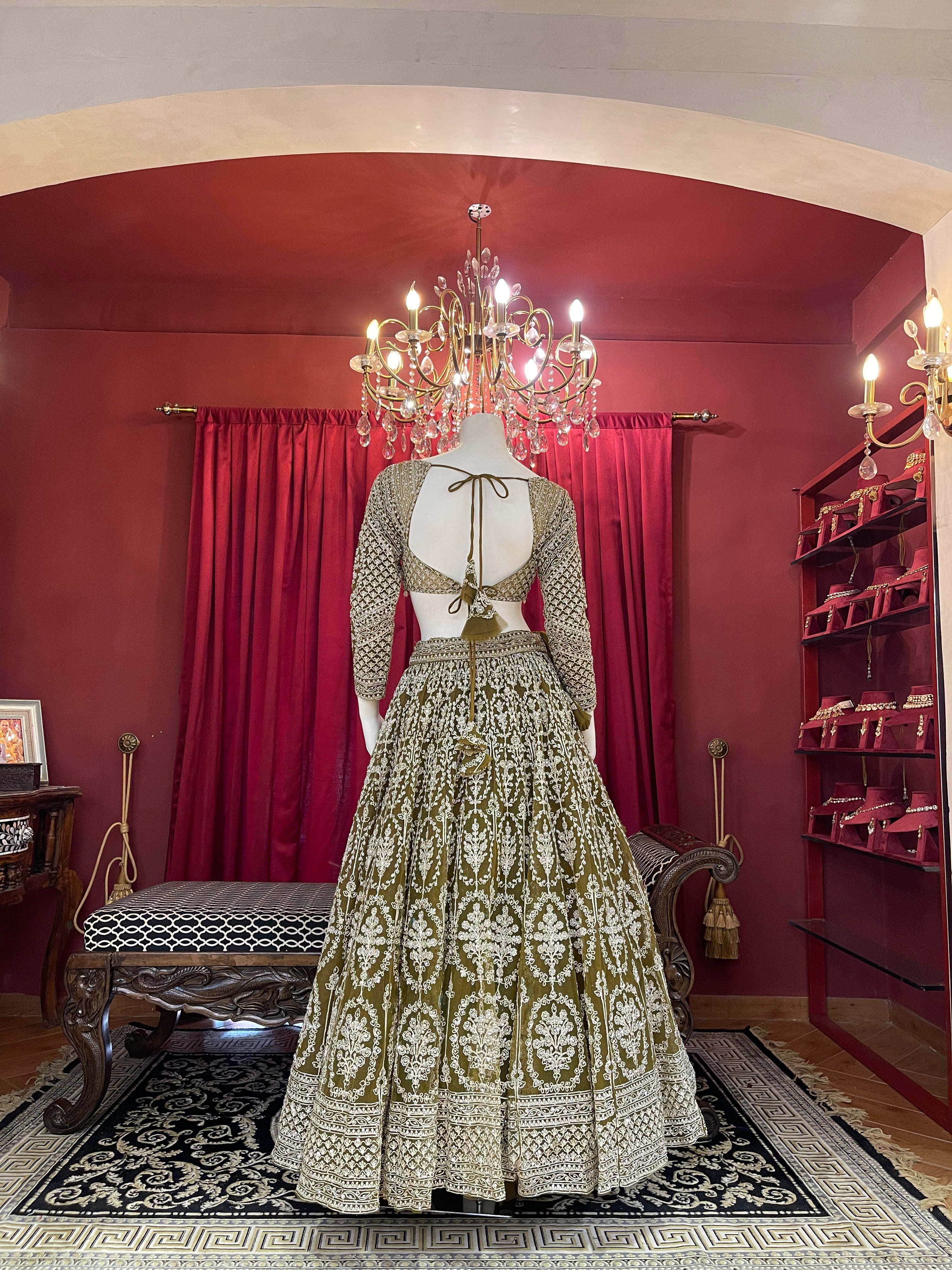 Olive Green Sequined Chikankari & Threadwork Lehenga Set with Full Sleeve Blouse