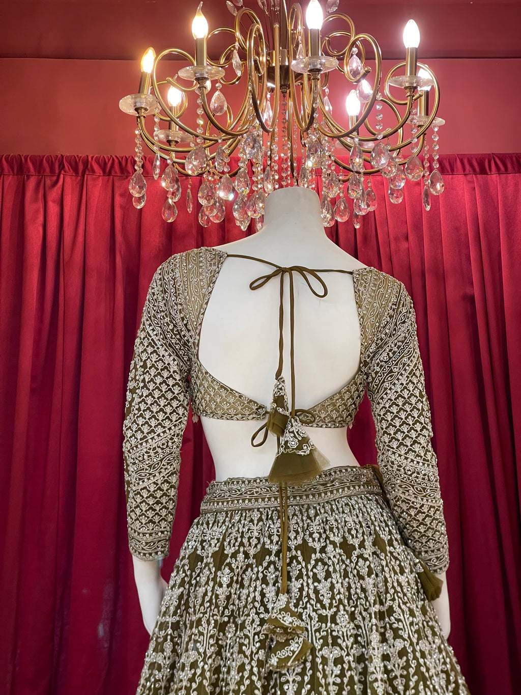 Olive Green Sequined Chikankari & Threadwork Lehenga Set with Full Sleeve Blouse
