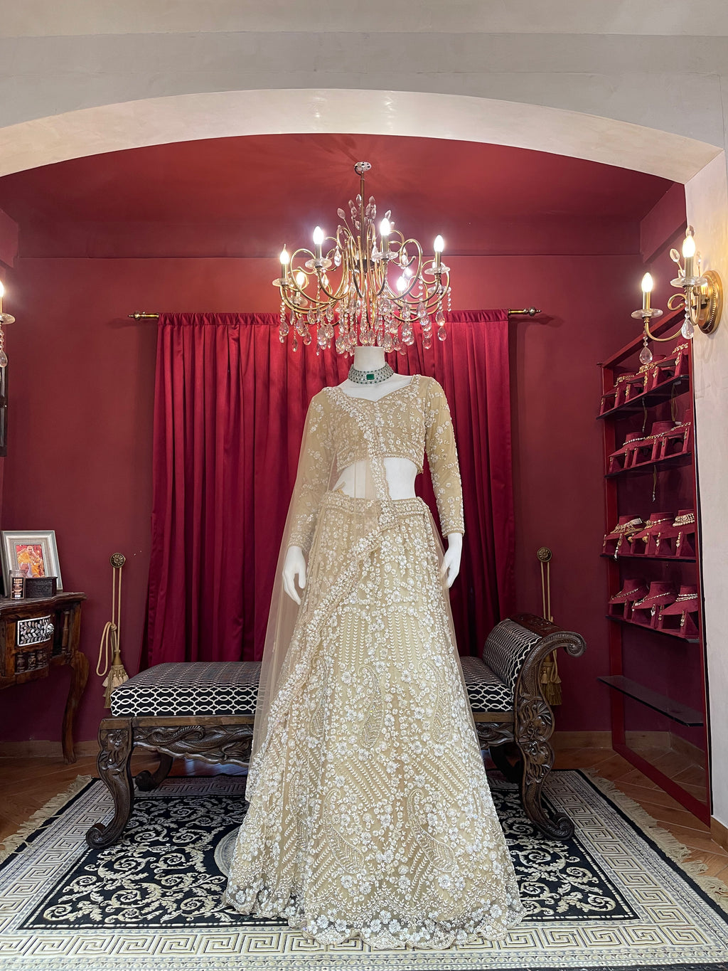 Ivory Gold Full-Sleeve Embroidered Lehenga Set