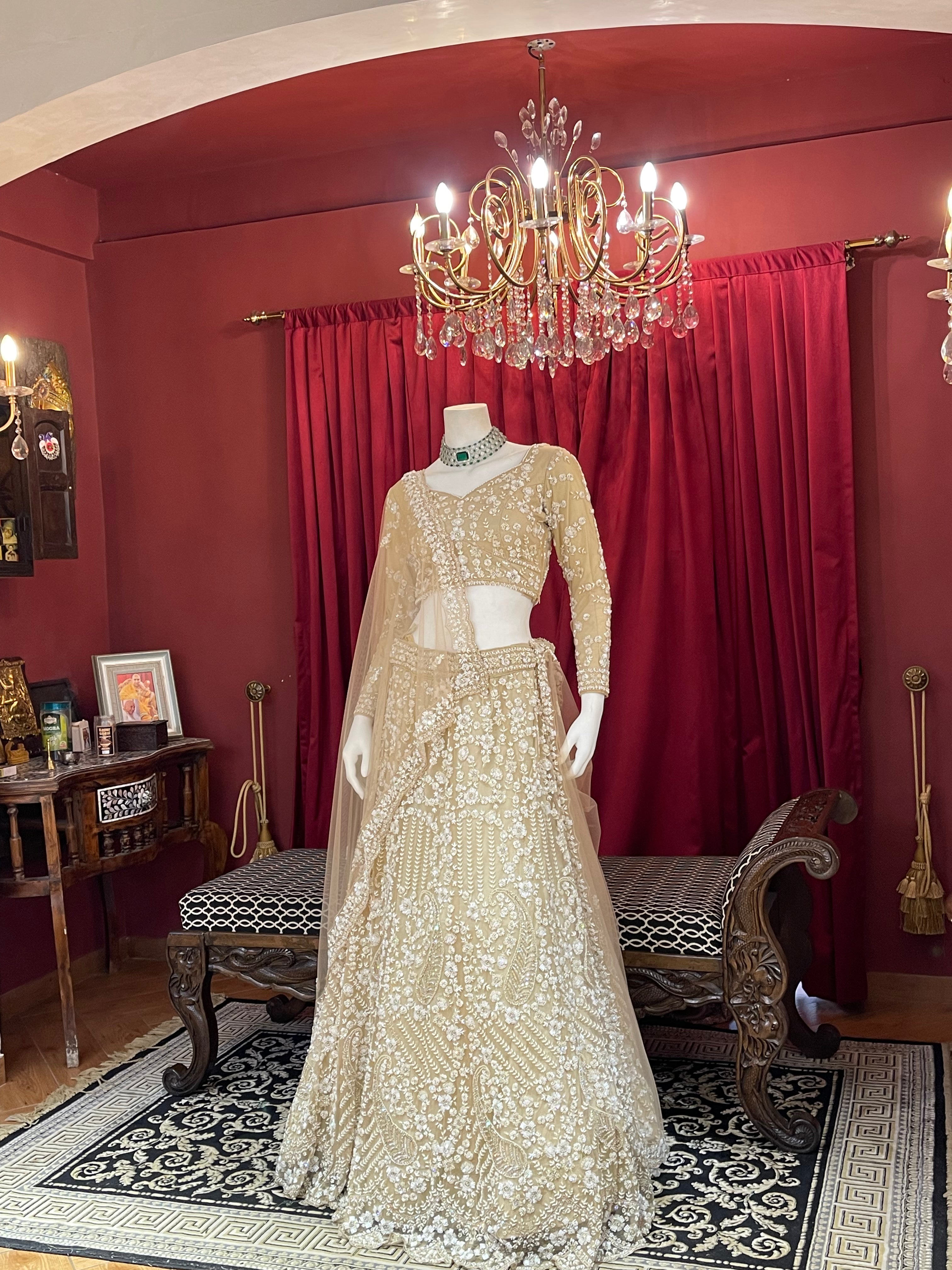 Ivory Gold Full-Sleeve Embroidered Lehenga Set