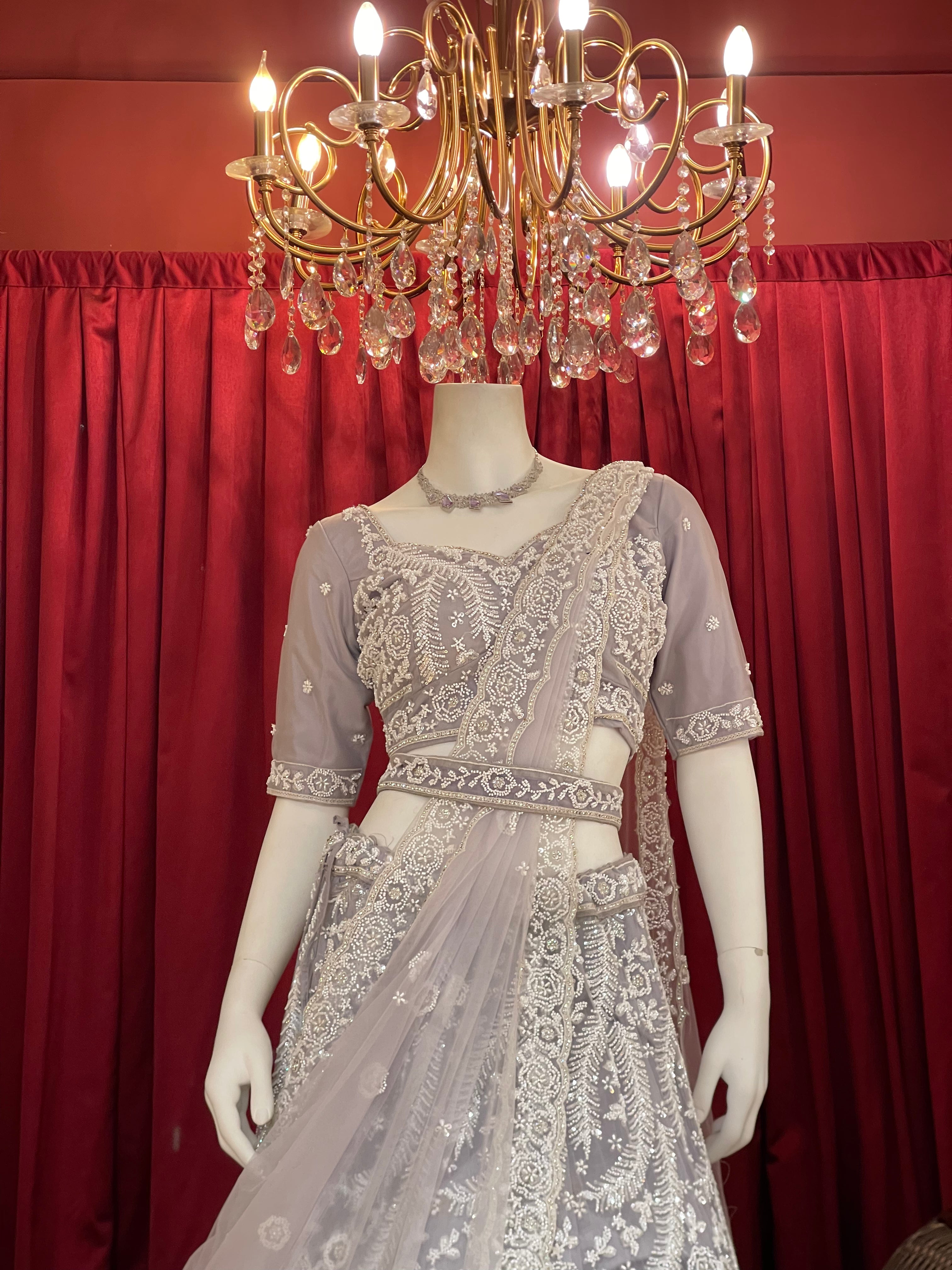 Lavender Grey Heavy Chikankari & Sequin Lehenga Set