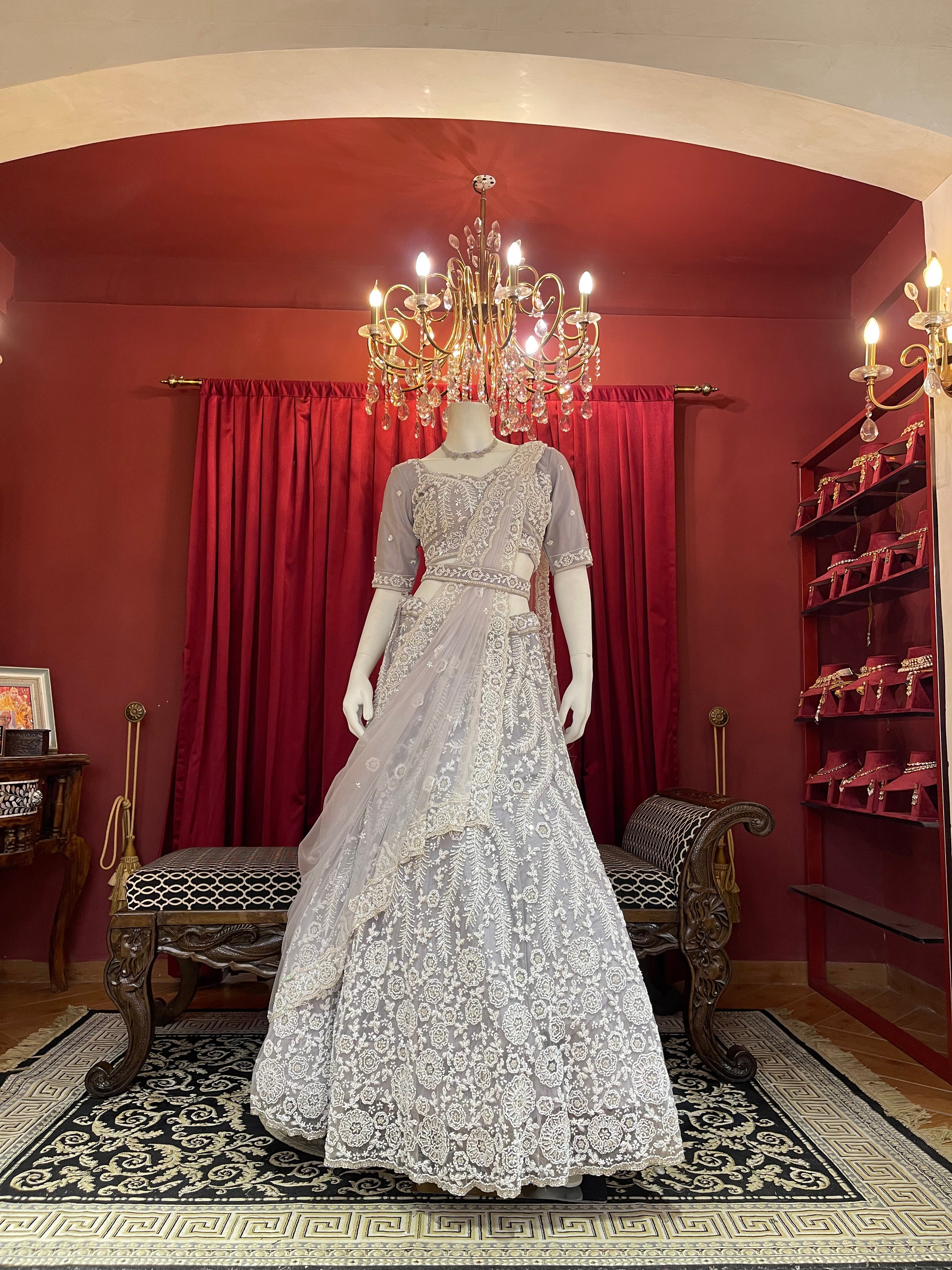 Lavender Grey Heavy Chikankari & Sequin Lehenga Set