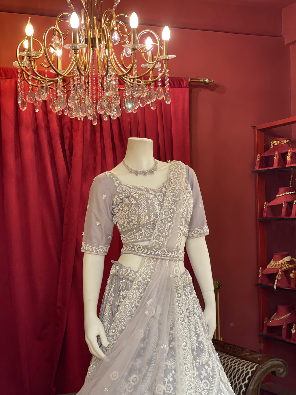 Lavender Grey Heavy Chikankari & Sequin Lehenga Set