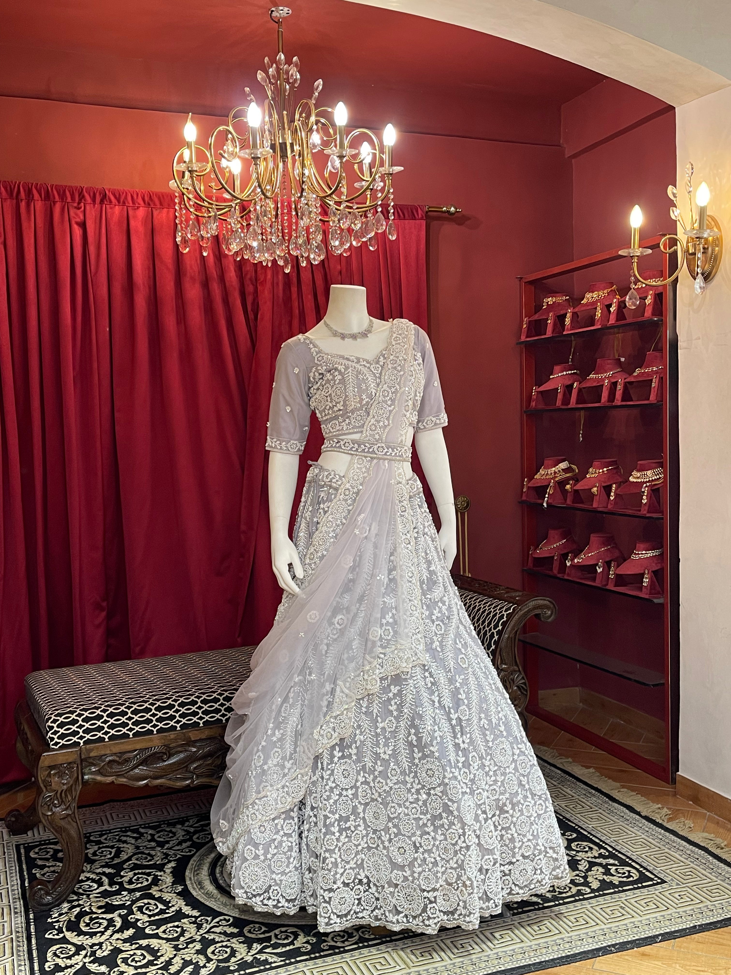Lavender Grey Heavy Chikankari & Sequin Lehenga Set