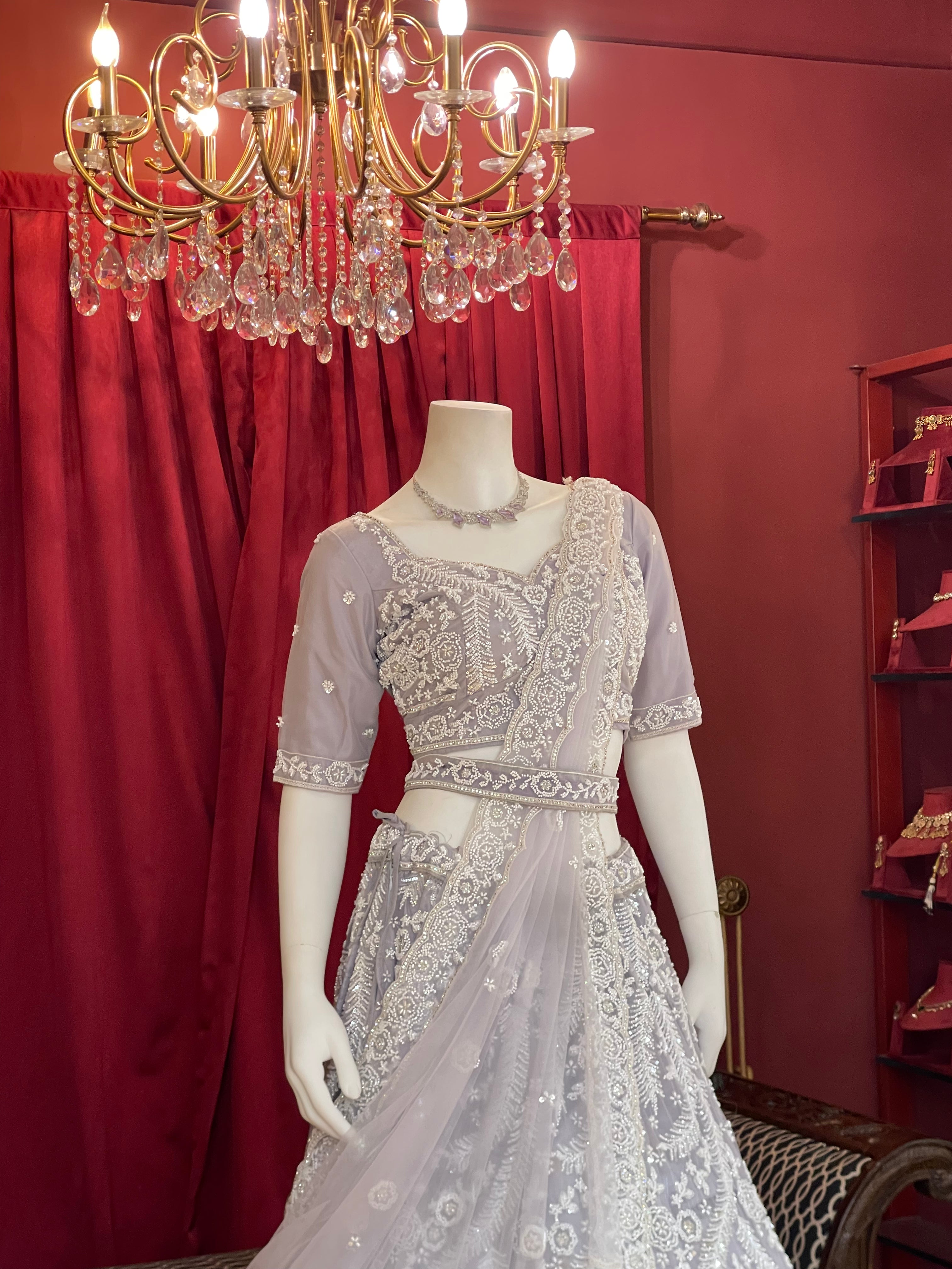 Lavender Grey Heavy Chikankari & Sequin Lehenga Set