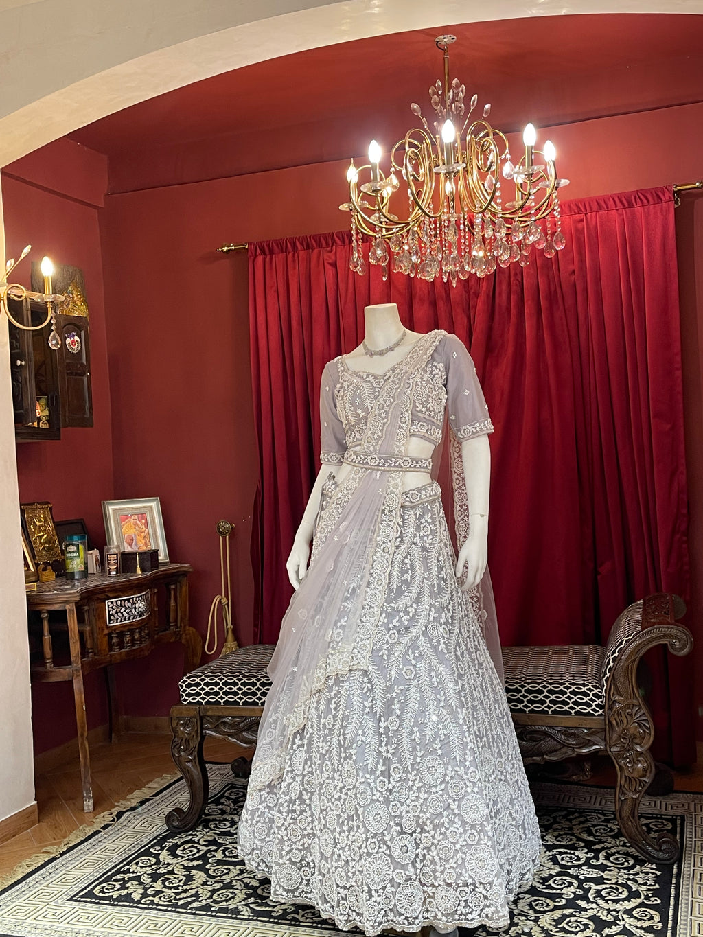 Lavender Grey Heavy Chikankari & Sequin Lehenga Set