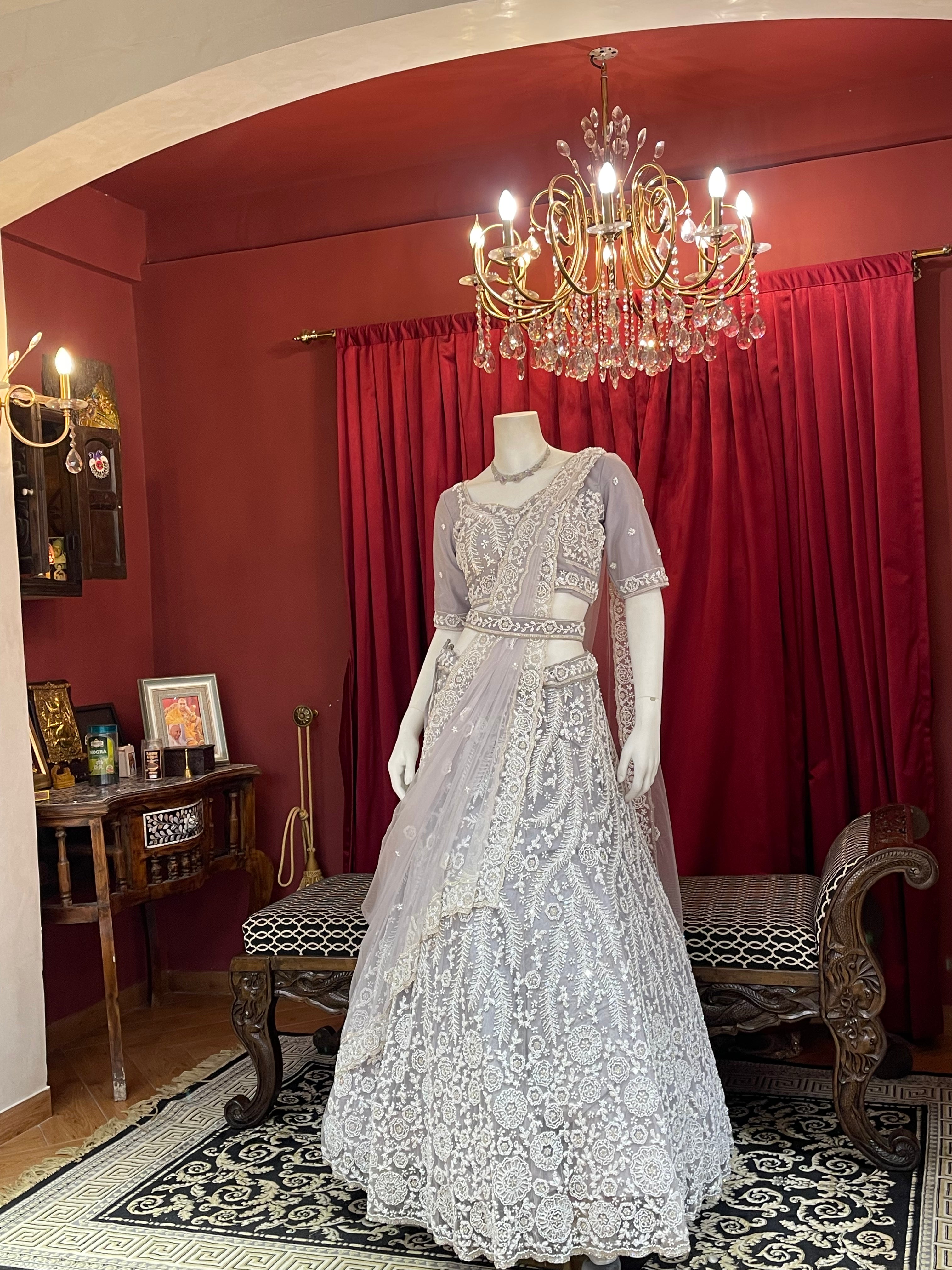 Lavender Grey Heavy Chikankari & Sequin Lehenga Set