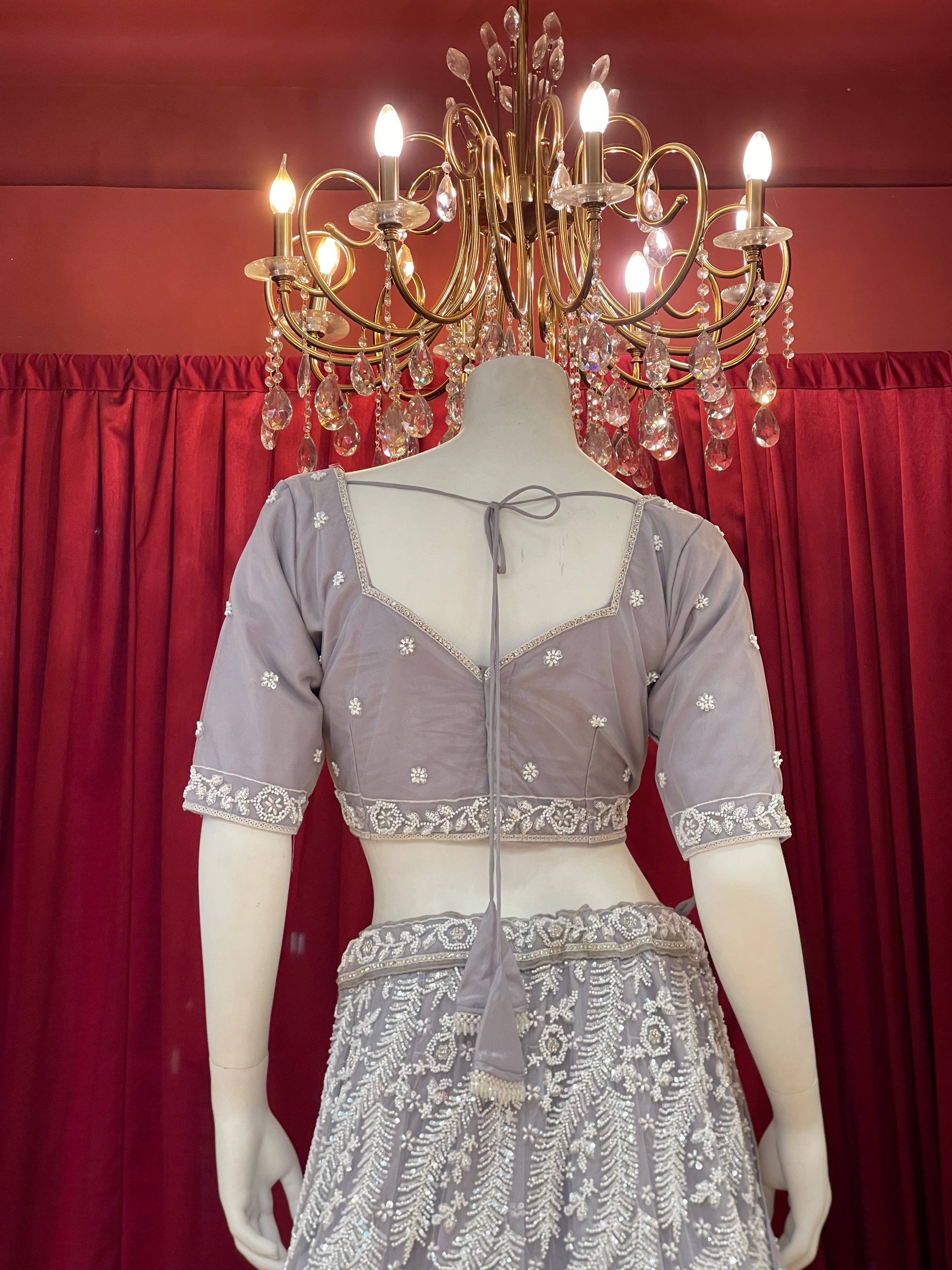 Lavender Grey Heavy Chikankari & Sequin Lehenga Set