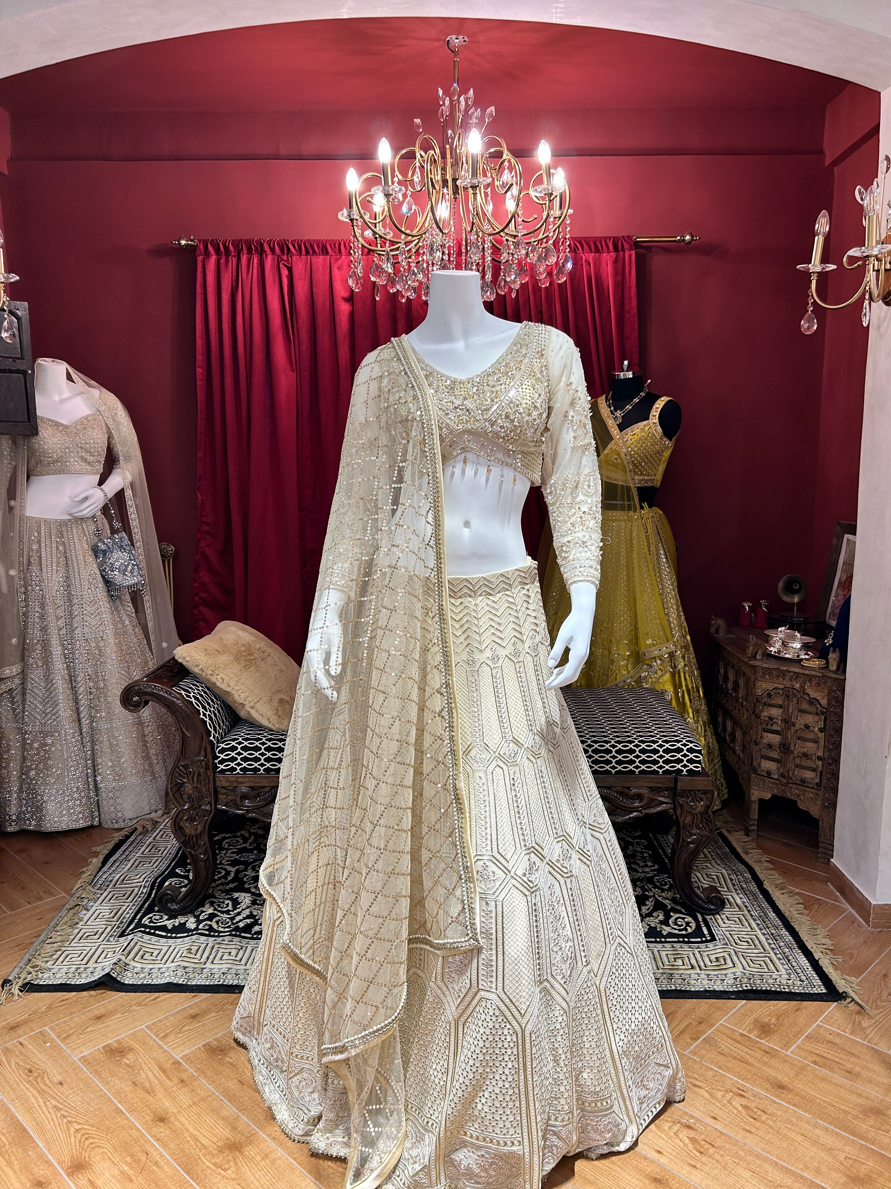 Ivory Geometric Embroidered Lahenga Set