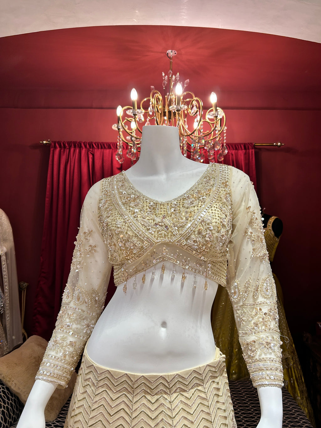 Ivory Geometric Embroidered Lahenga Set