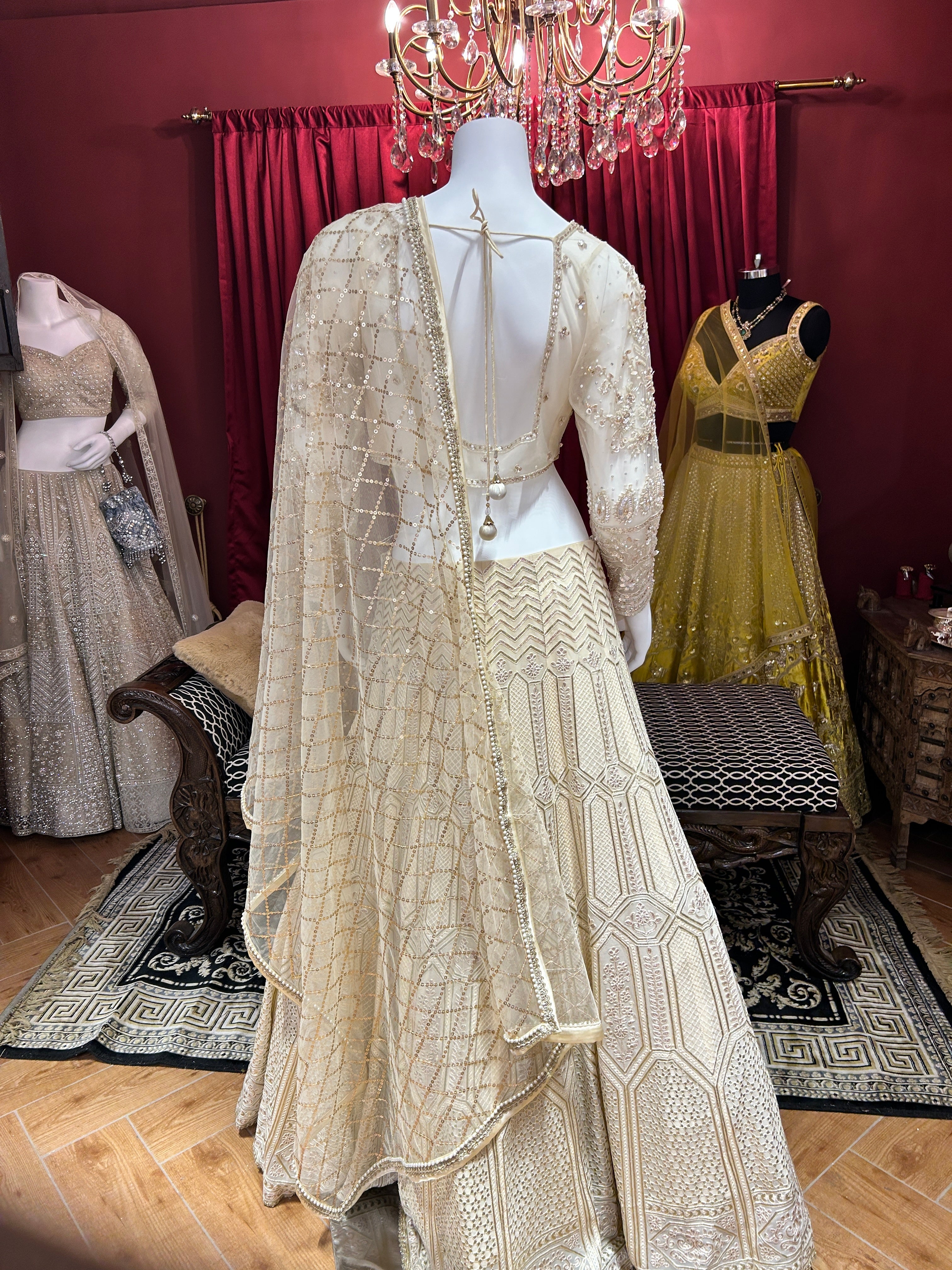 Ivory Geometric Embroidered Lahenga Set