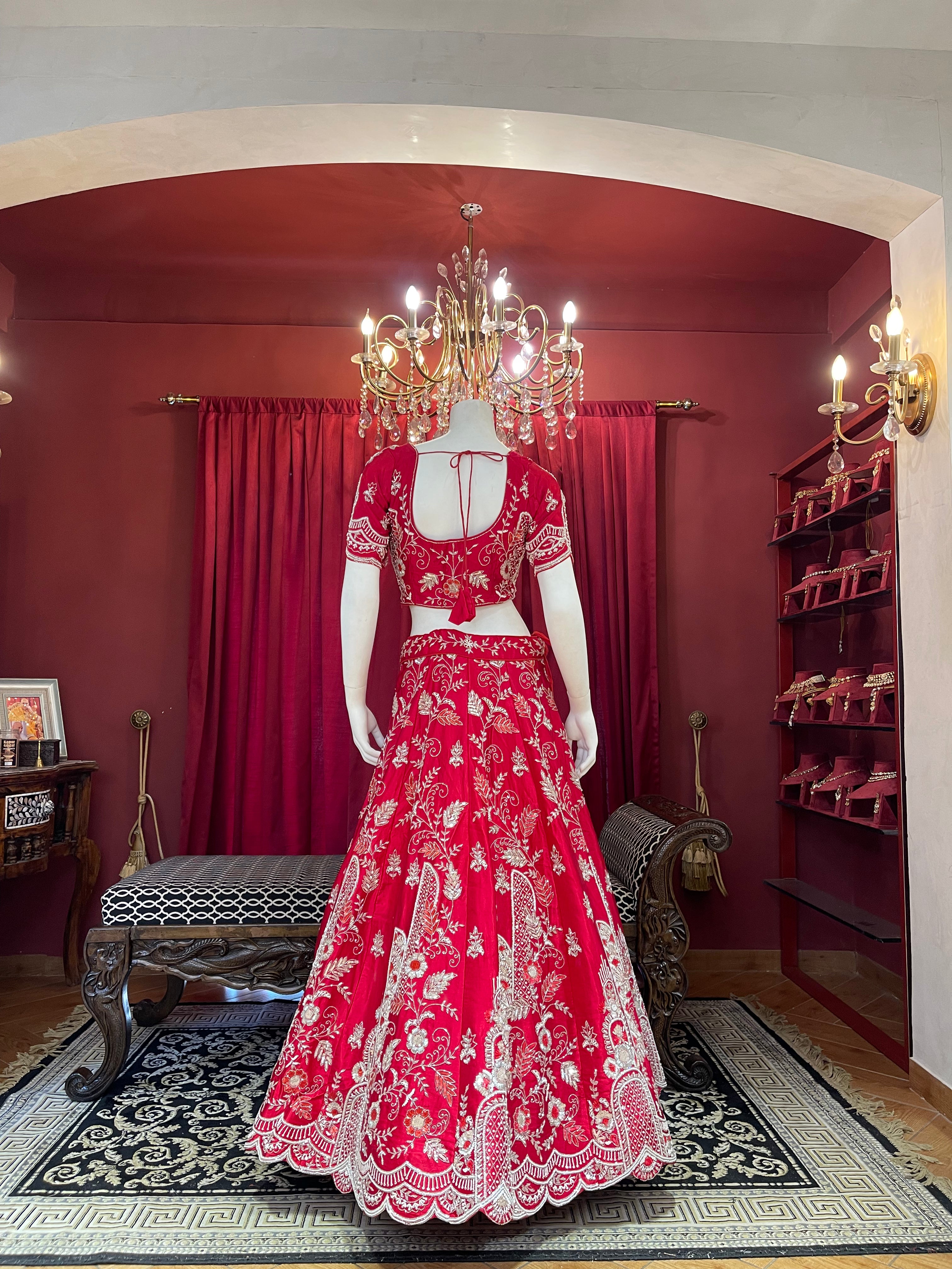 Crimson Red Heavy Zari Embroidered Bridal Lehenga Set