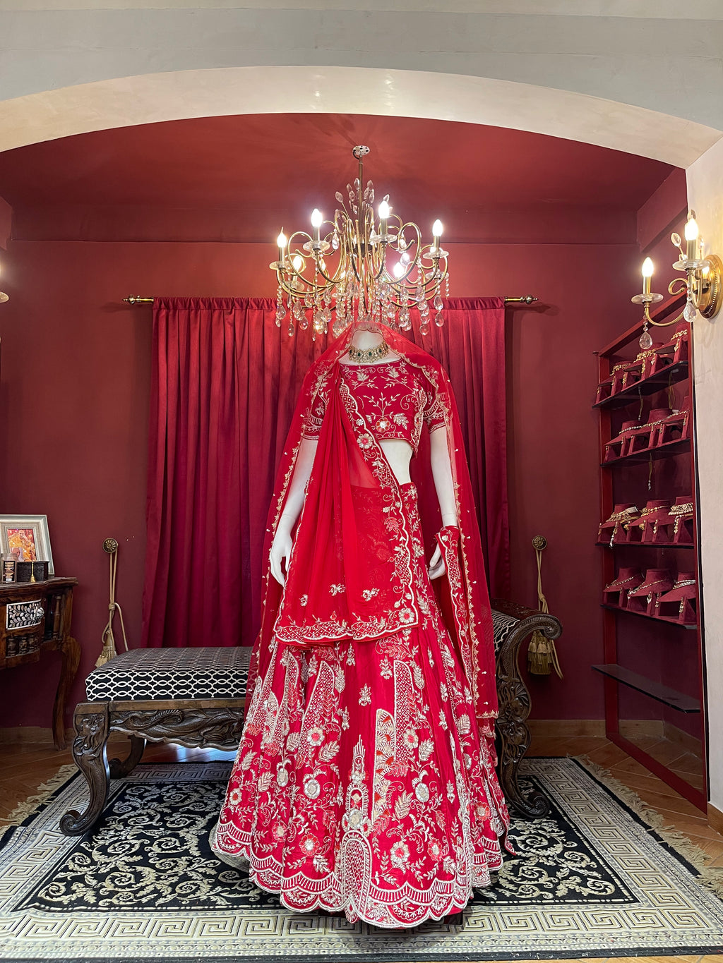 Crimson Red Heavy Zari Embroidered Bridal Lehenga Set