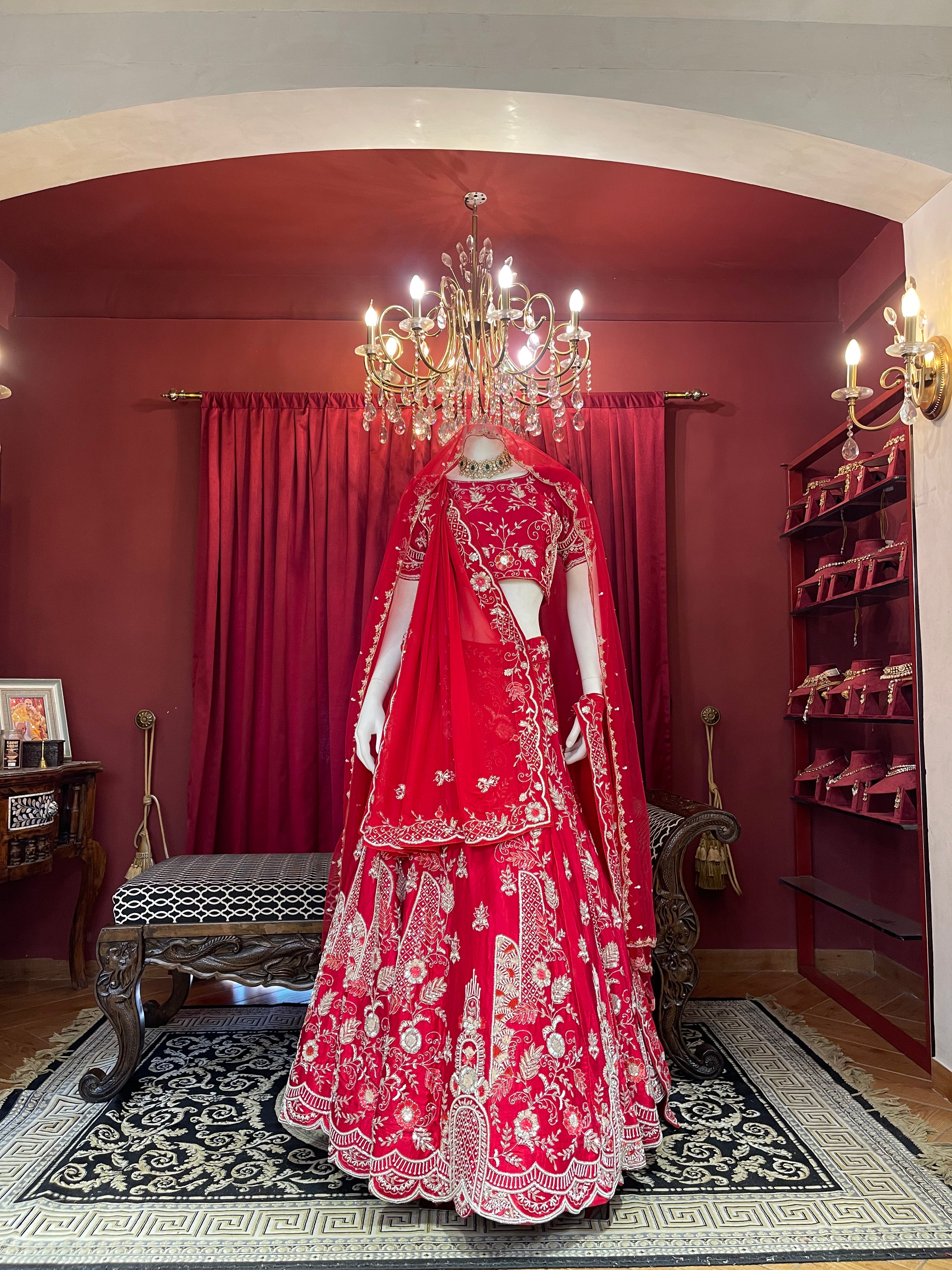 Crimson Red Heavy Zari Embroidered Bridal Lehenga Set