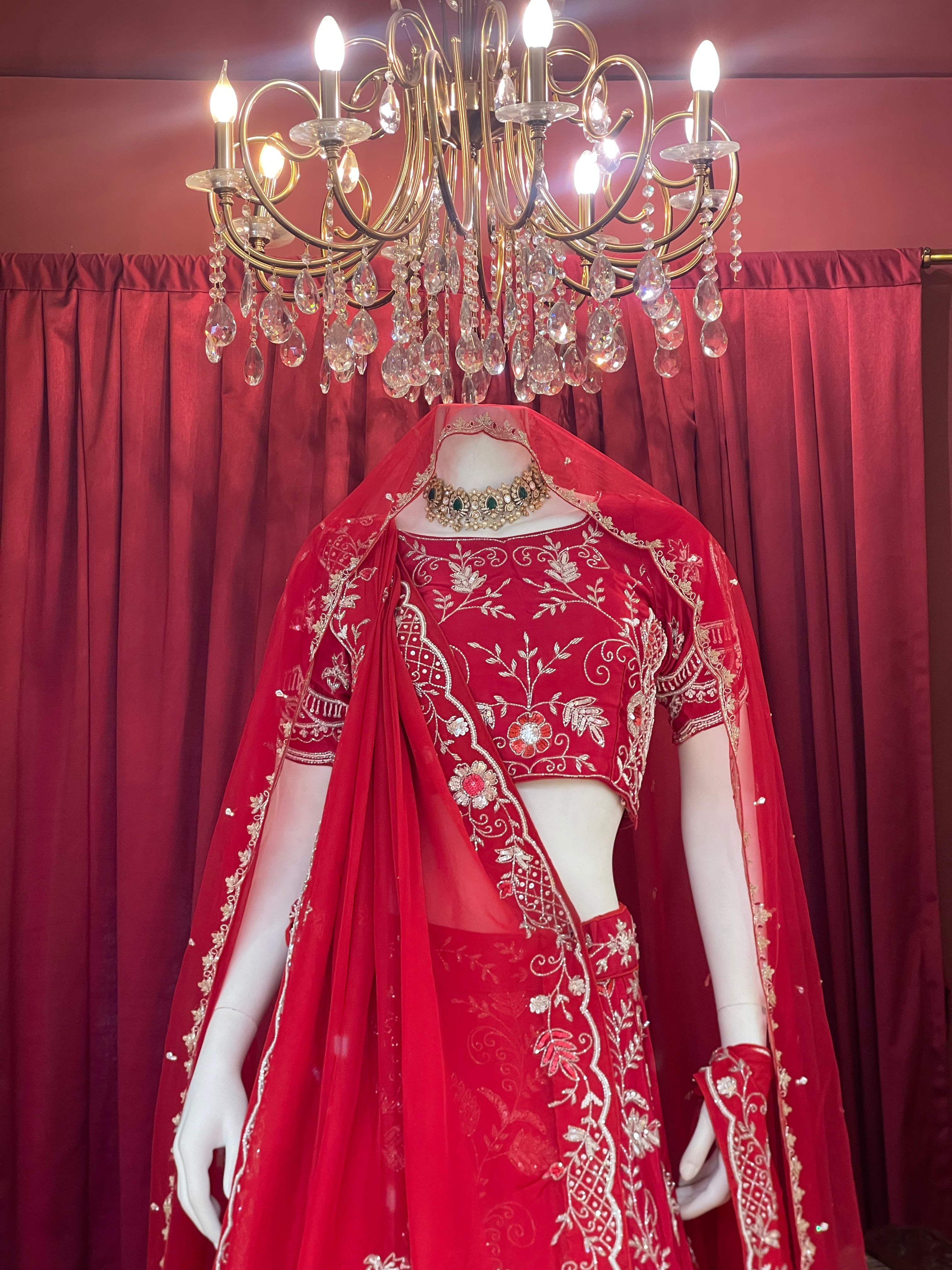 Crimson Red Heavy Zari Embroidered Bridal Lehenga Set