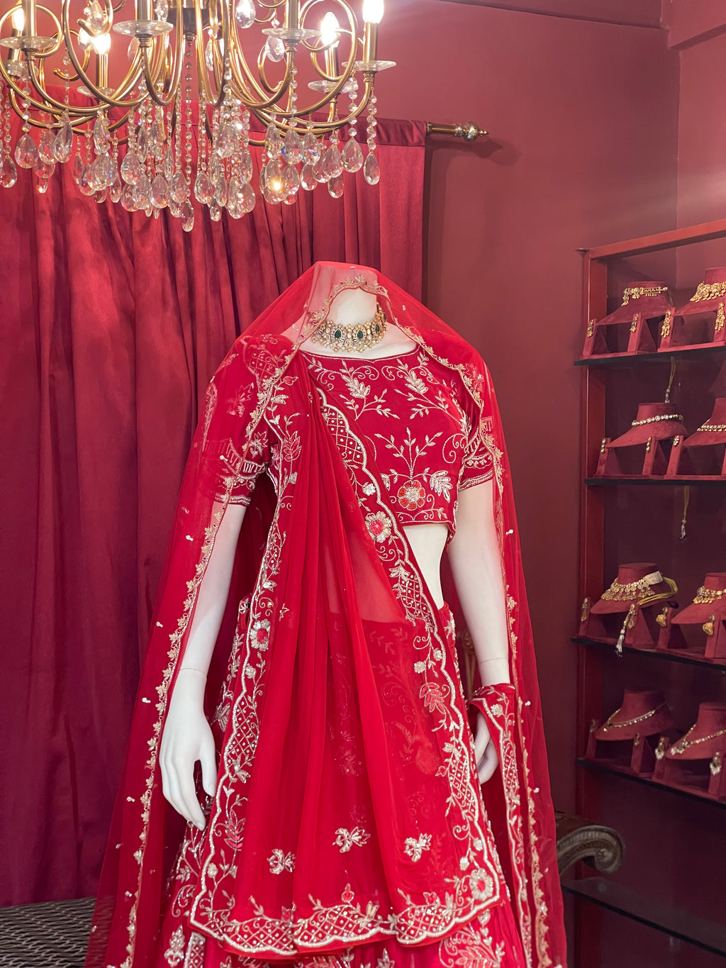 Crimson Red Heavy Zari Embroidered Bridal Lehenga Set