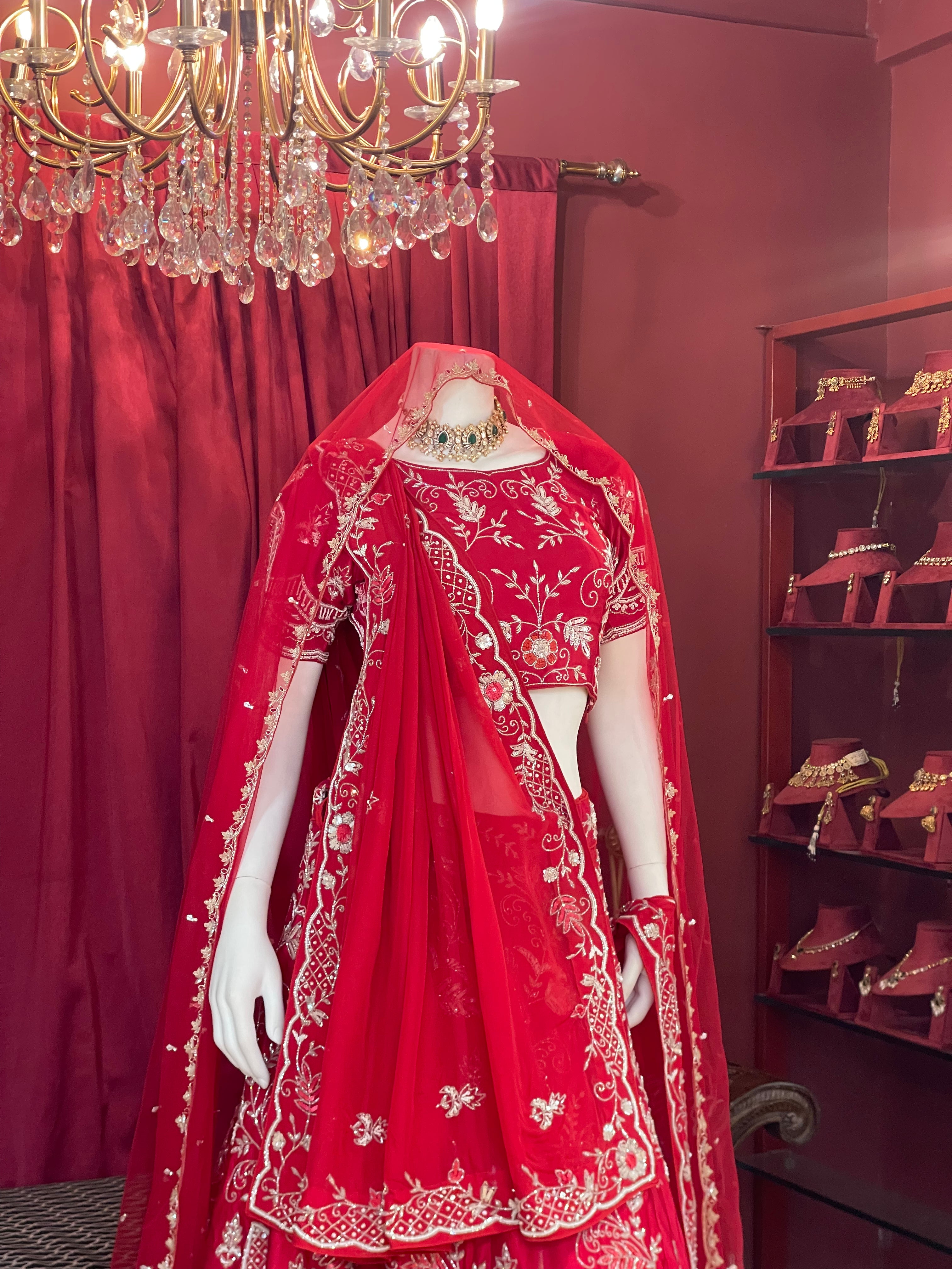 Crimson Red Heavy Zari Embroidered Bridal Lehenga Set