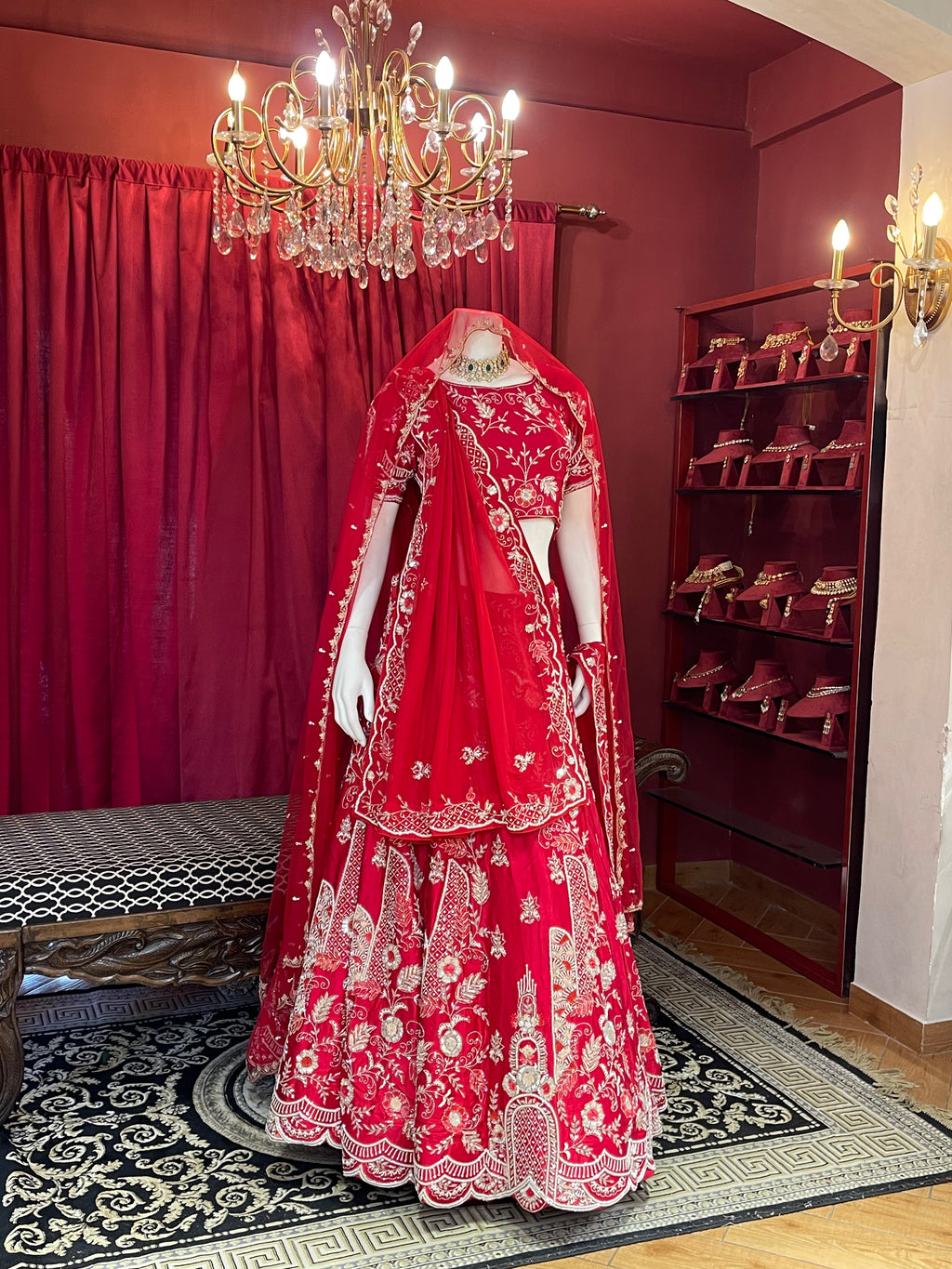 Crimson Red Heavy Zari Embroidered Bridal Lehenga Set