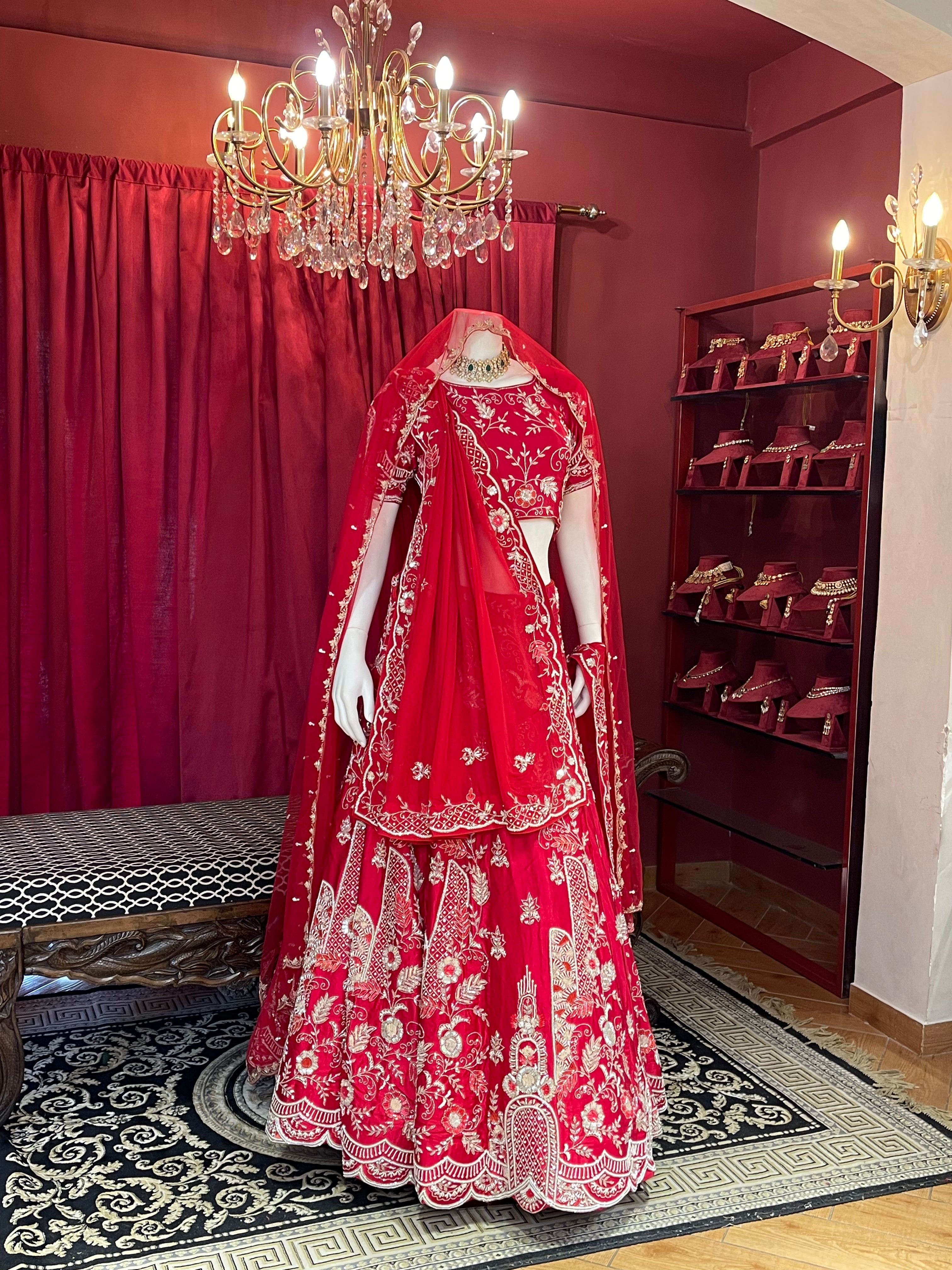 Crimson Red Heavy Zari Embroidered Bridal Lehenga Set