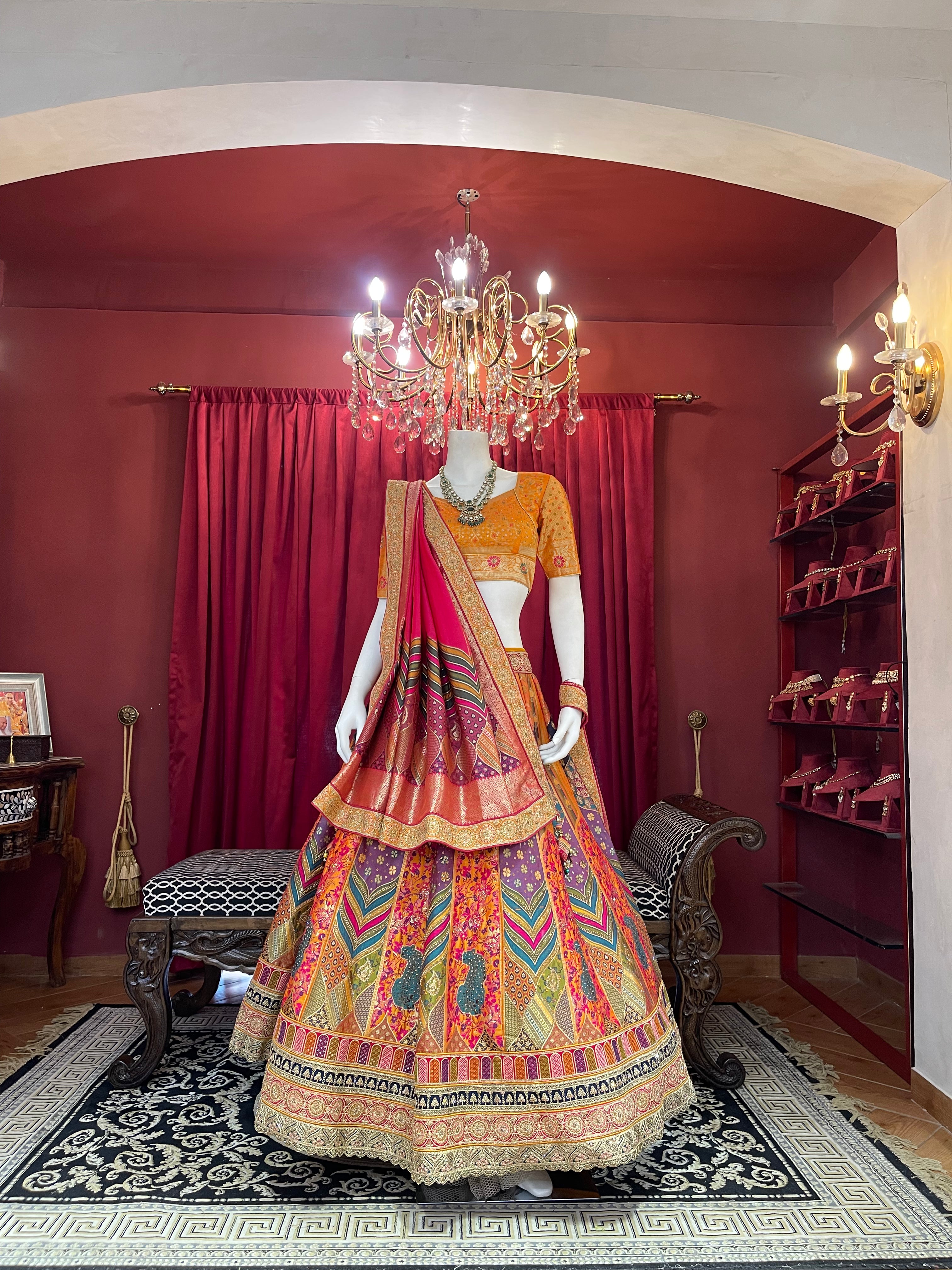 Mustard & Multi-Color Printed Silk Lehenga Set with Rani Pink Dupatta