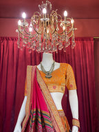 Mustard & Multi-Color Printed Silk Lehenga Set with Rani Pink Dupatta