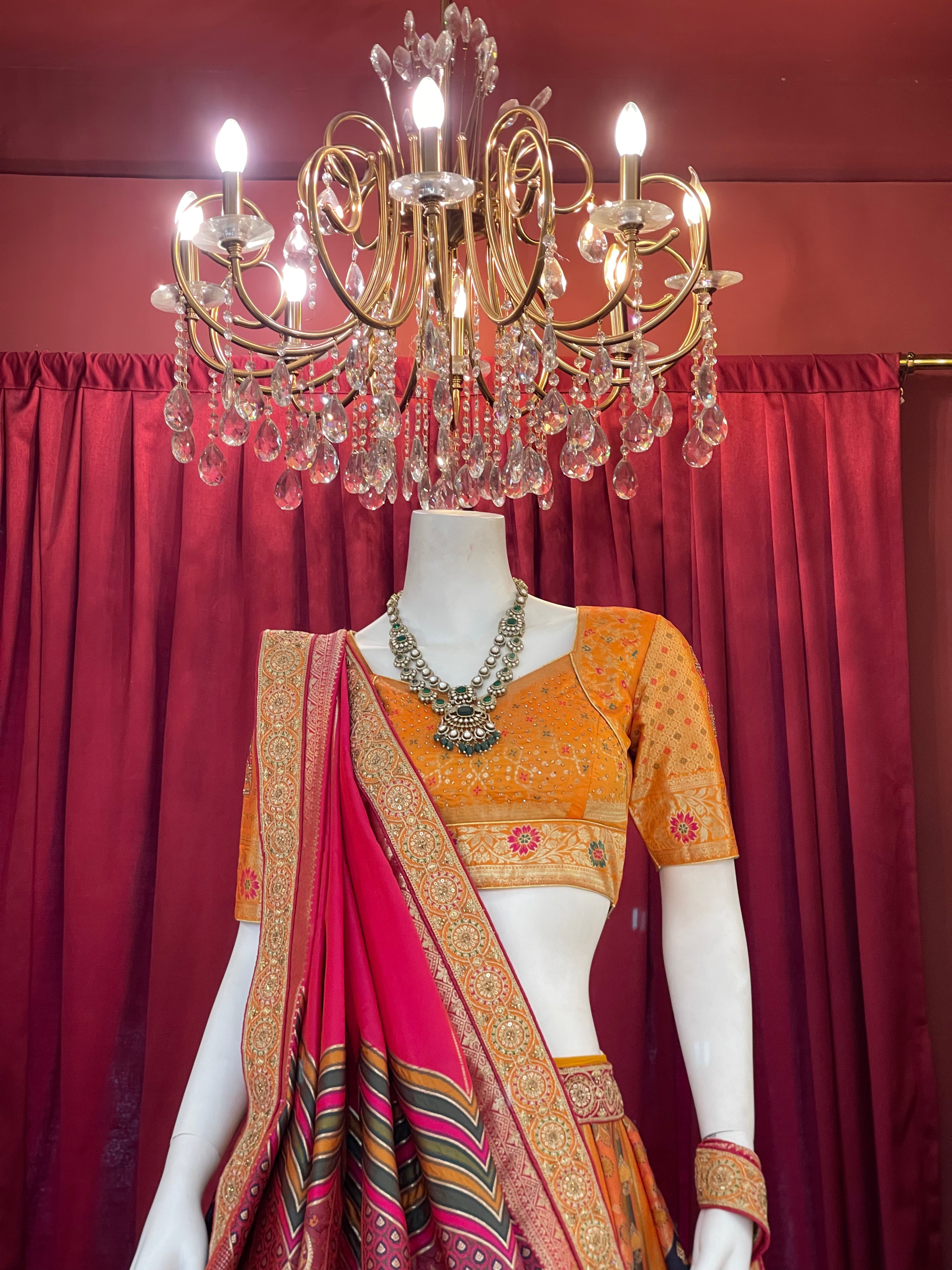 Mustard & Multi-Color Printed Silk Lehenga Set with Rani Pink Dupatta