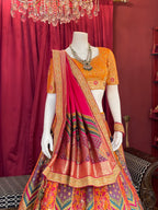 Mustard & Multi-Color Printed Silk Lehenga Set with Rani Pink Dupatta