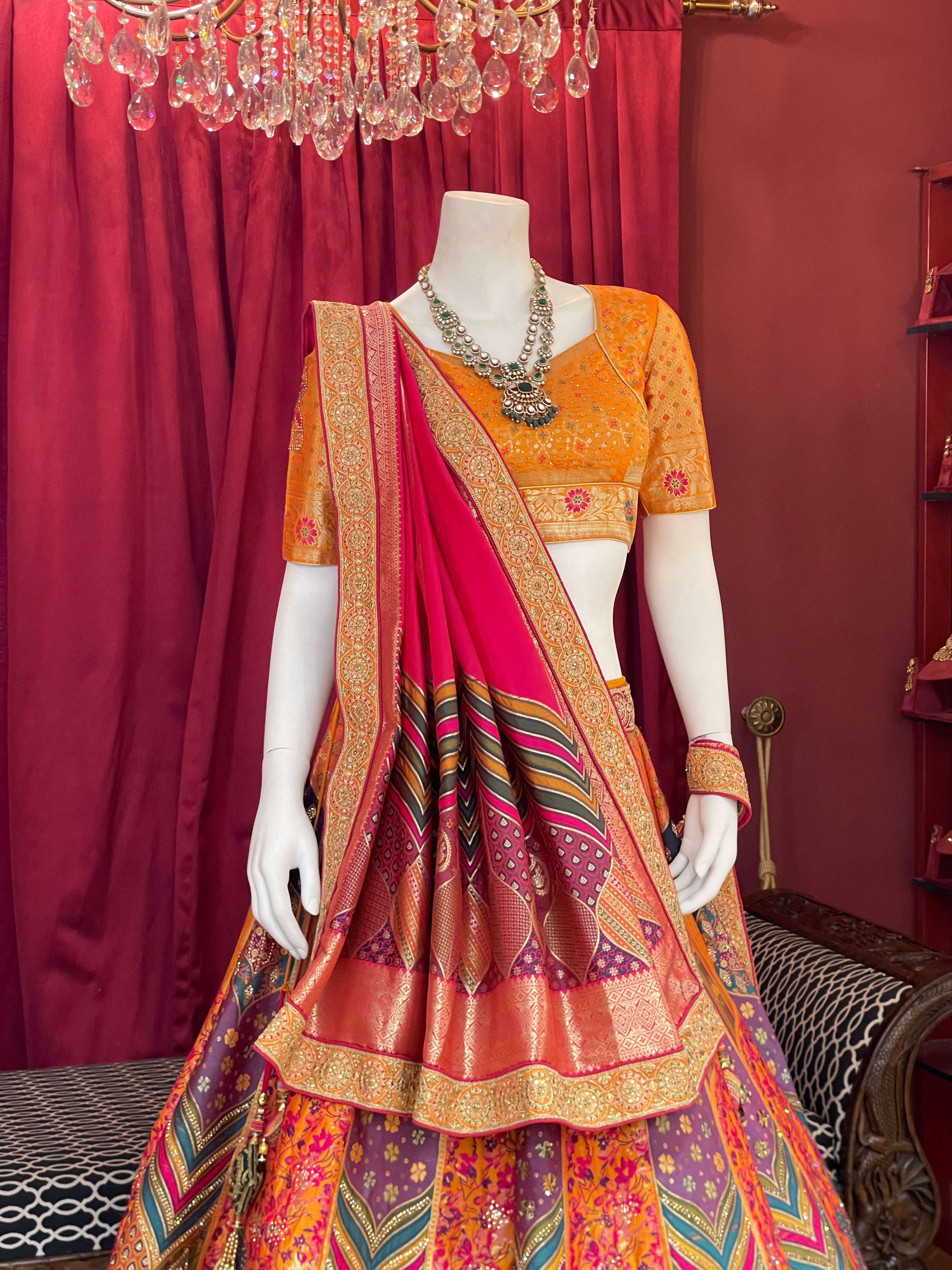 Mustard & Multi-Color Printed Silk Lehenga Set with Rani Pink Dupatta