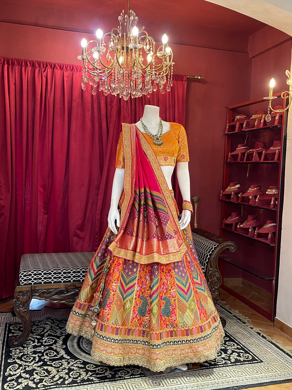 Mustard & Multi-Color Printed Silk Lehenga Set with Rani Pink Dupatta