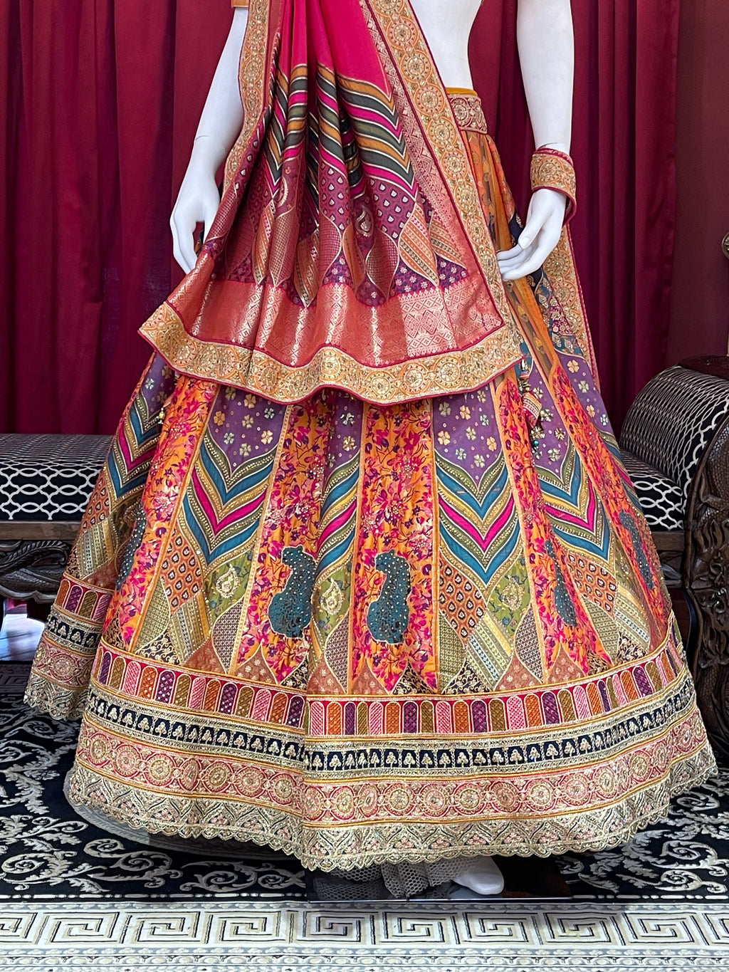 Mustard & Multi-Color Printed Silk Lehenga Set with Rani Pink Dupatta