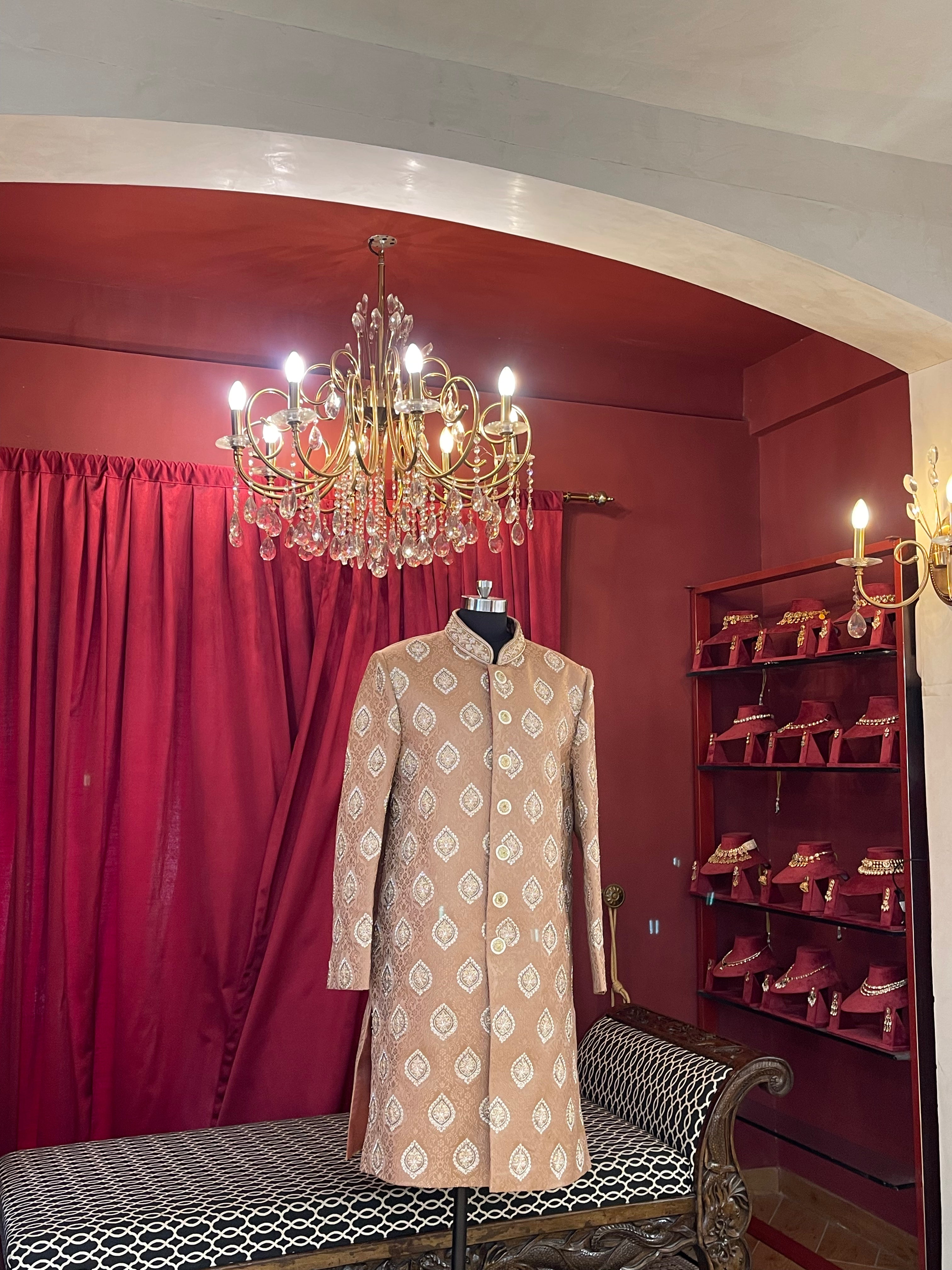 Beige & Champagne Gold Embroidered Sherwani