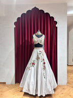 Grey Hand Embroidered Blouse and Lehenga with 3D motifs