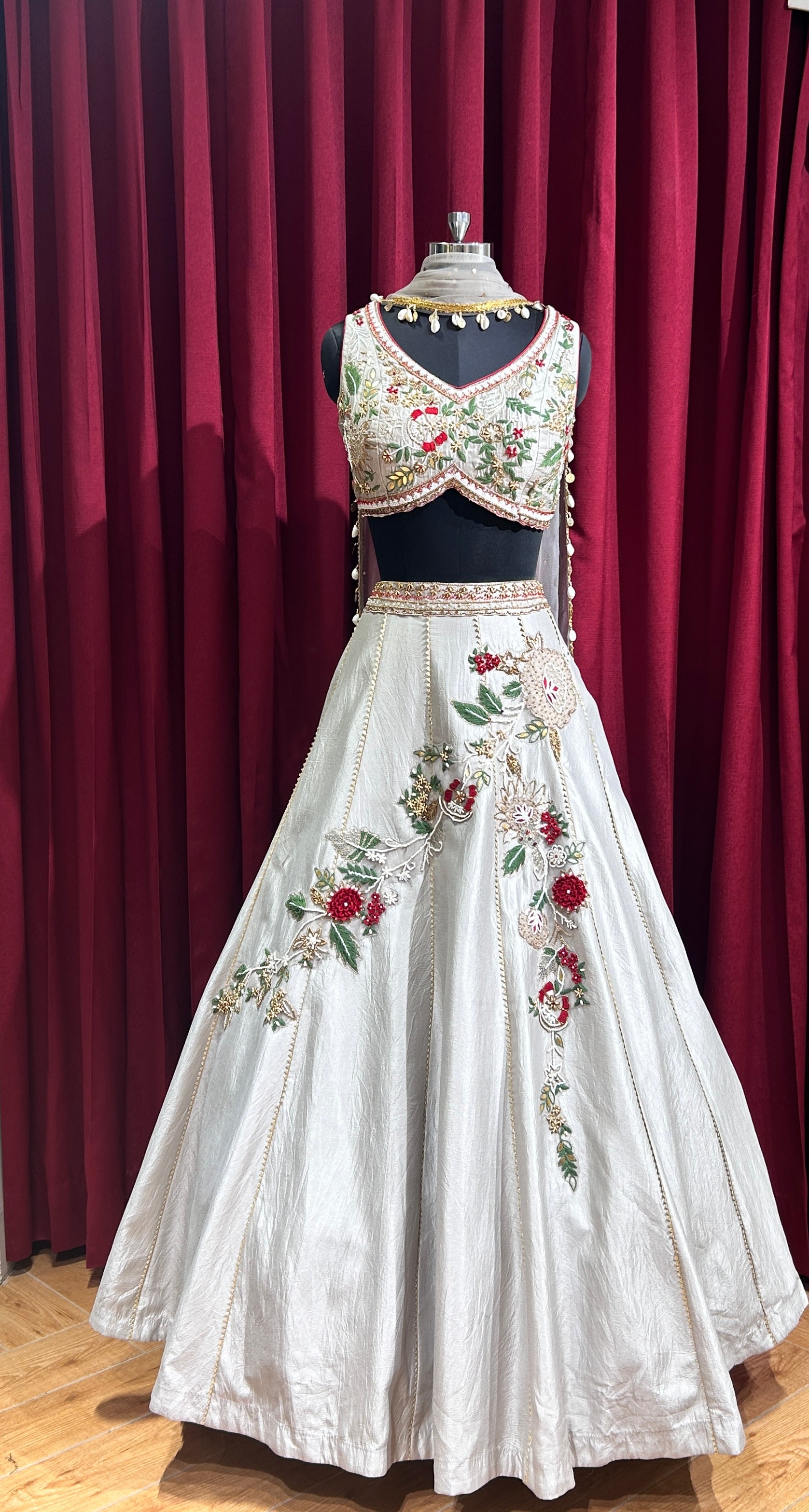 Grey Hand Embroidered Blouse and Lehenga with 3D motifs