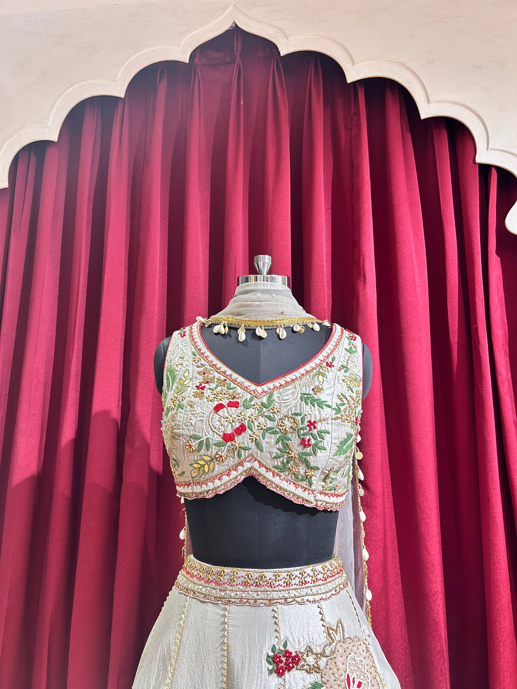 Grey Hand Embroidered Blouse and Lehenga with 3D motifs