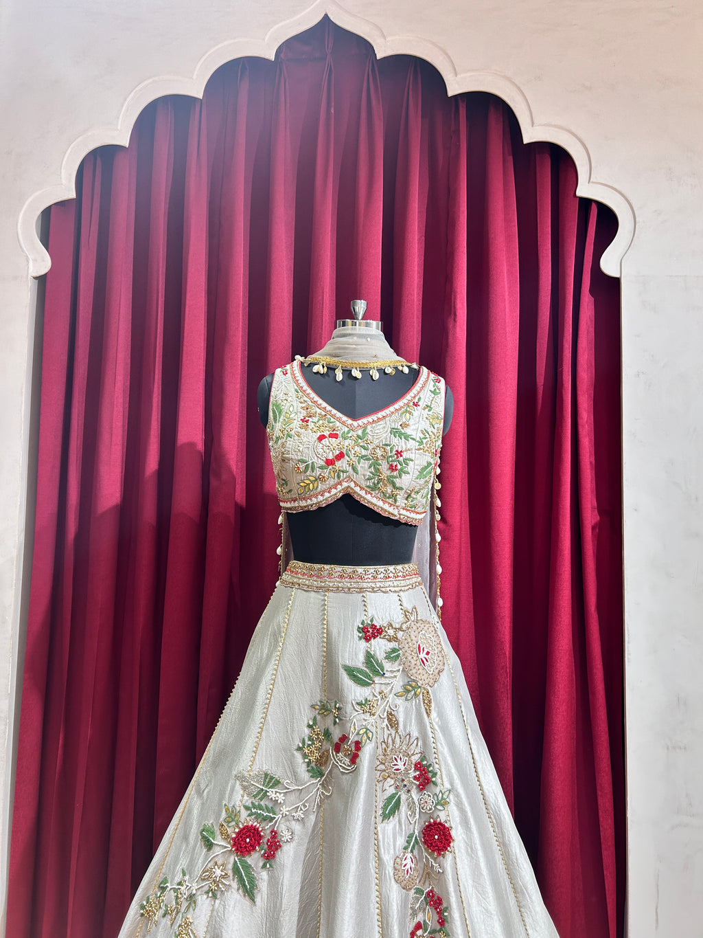 Grey Hand Embroidered Blouse and Lehenga with 3D motifs