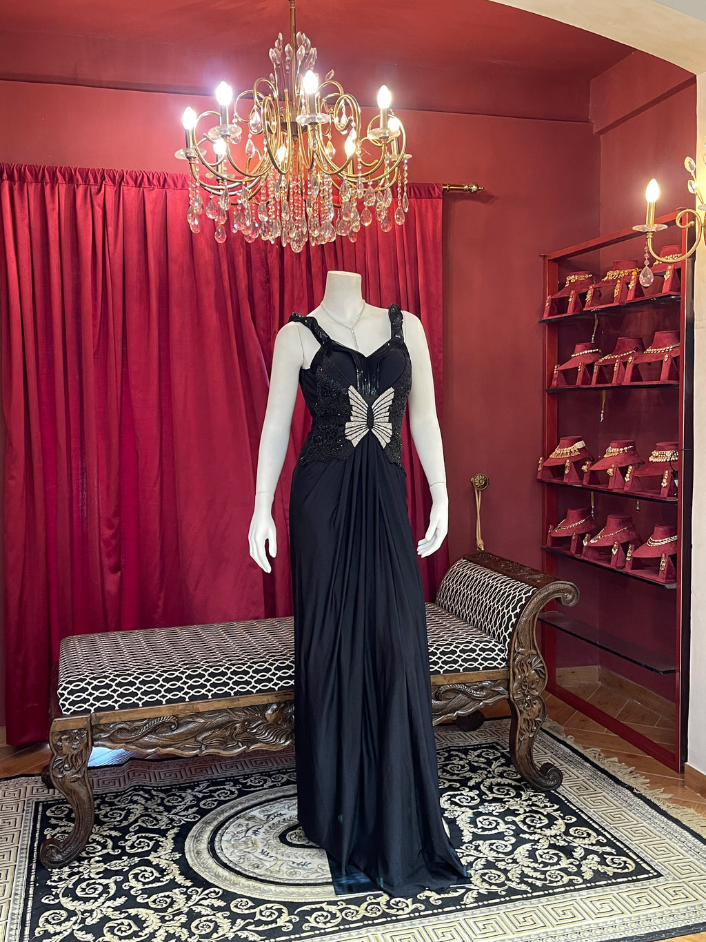 Midnight Black Butterfly Embellished Evening Gown