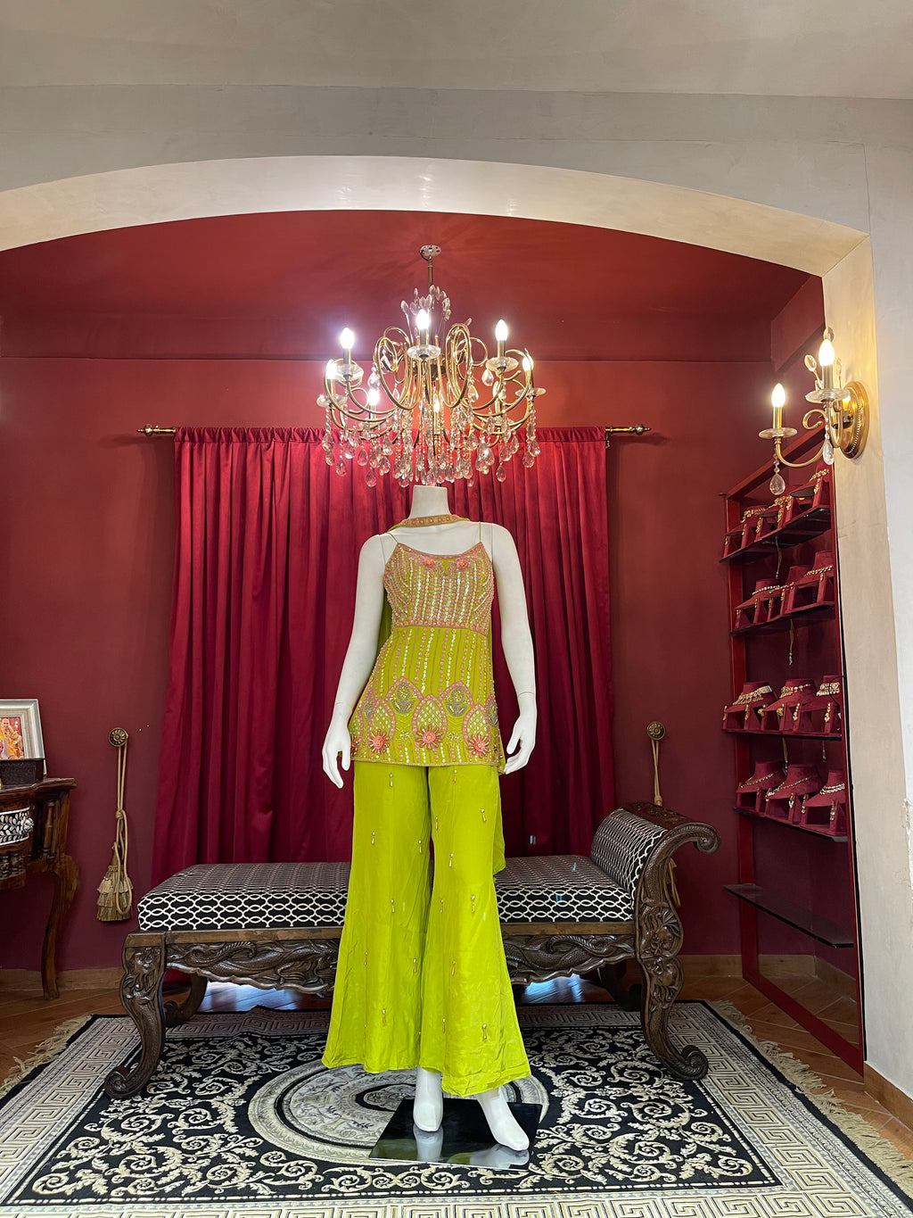 Lime Green Embellished Sharara Set with Floral Details