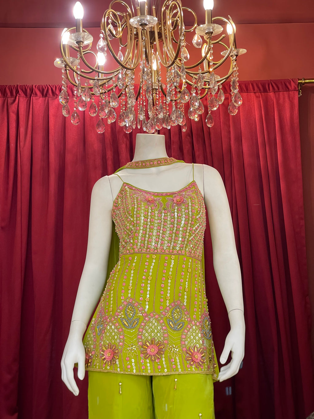 Lime Green Embellished Sharara Set with Floral Details