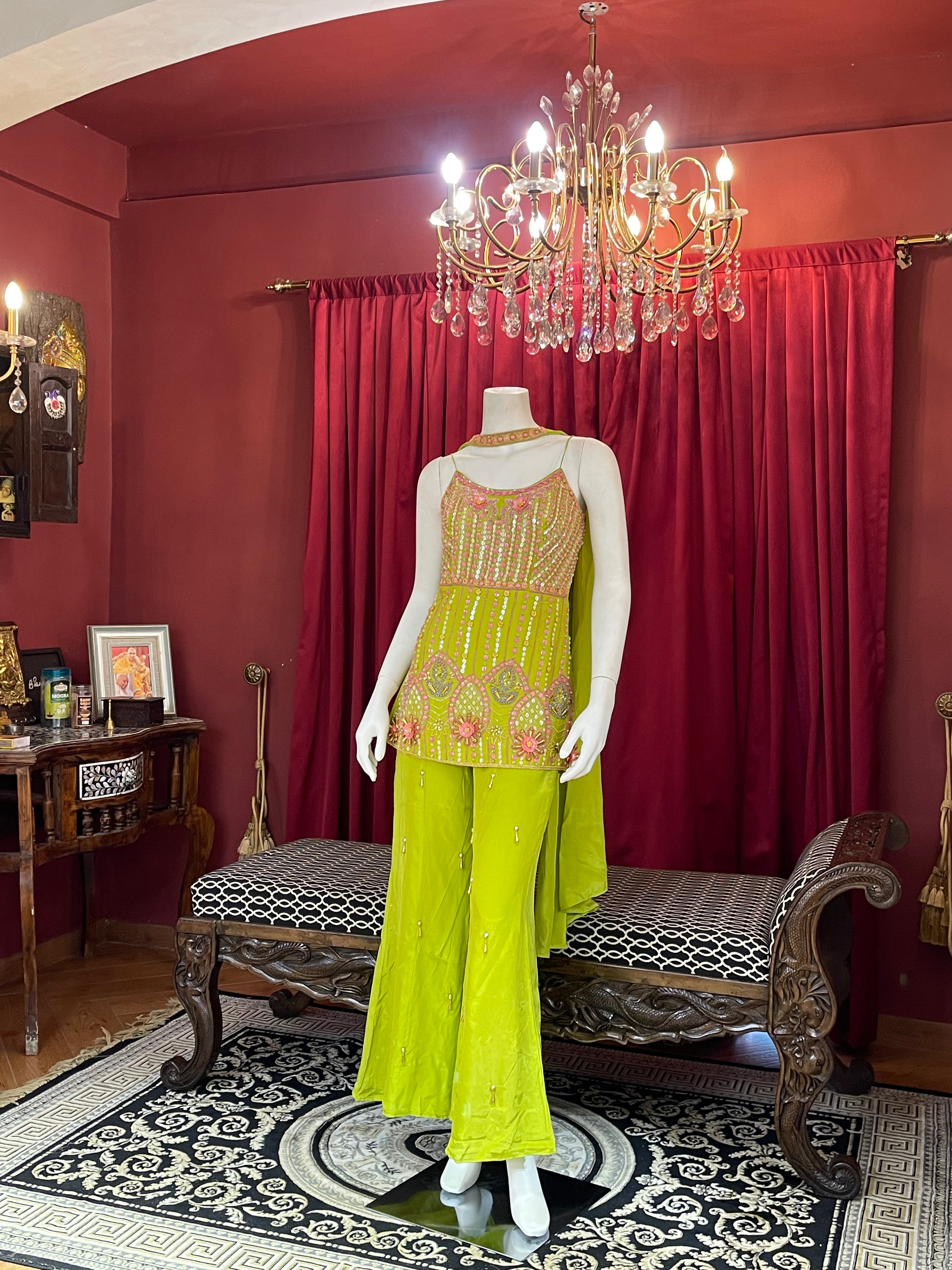 Lime Green Embellished Sharara Set with Floral Details