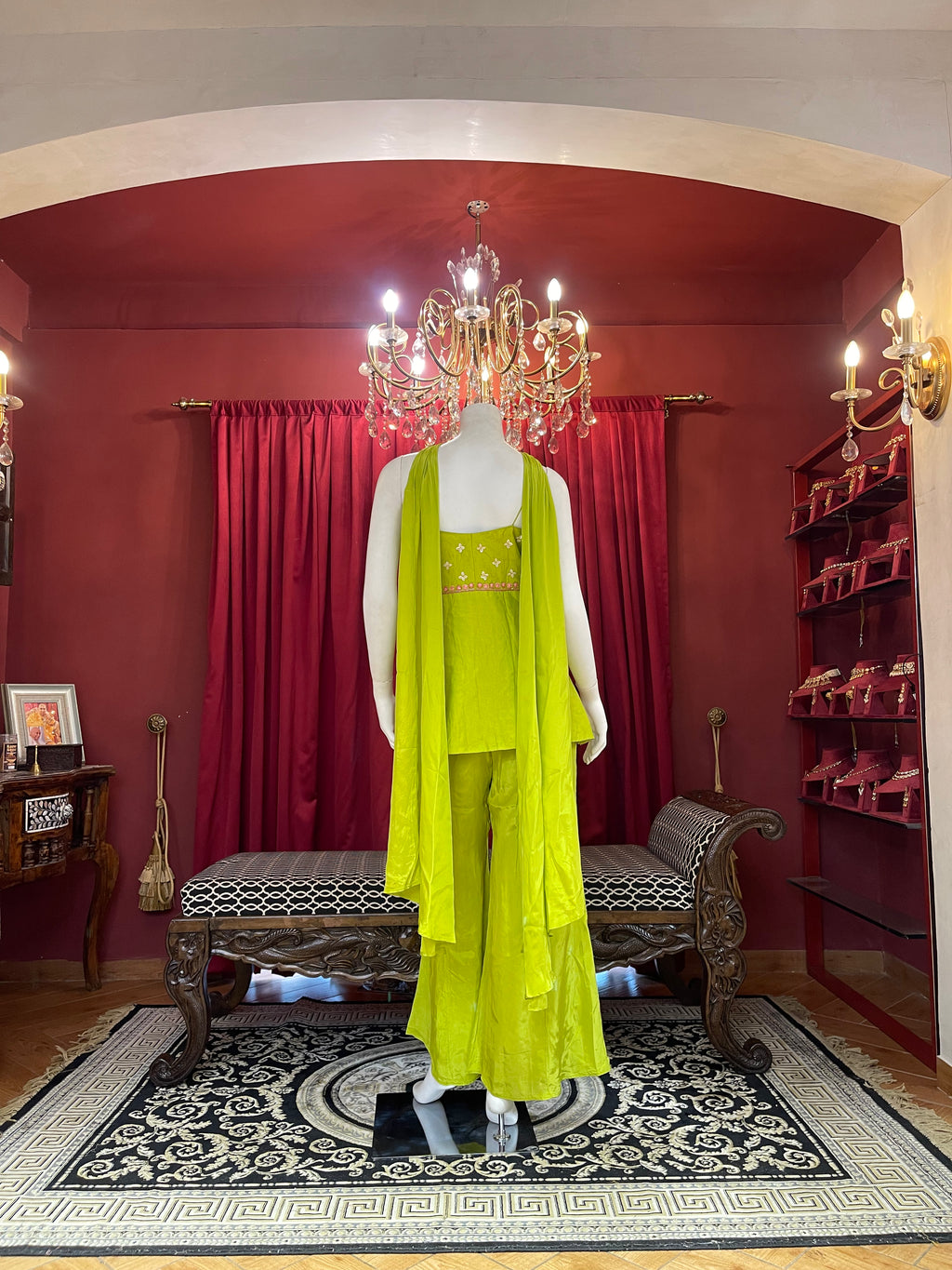 Lime Green Embellished Sharara Set with Floral Details
