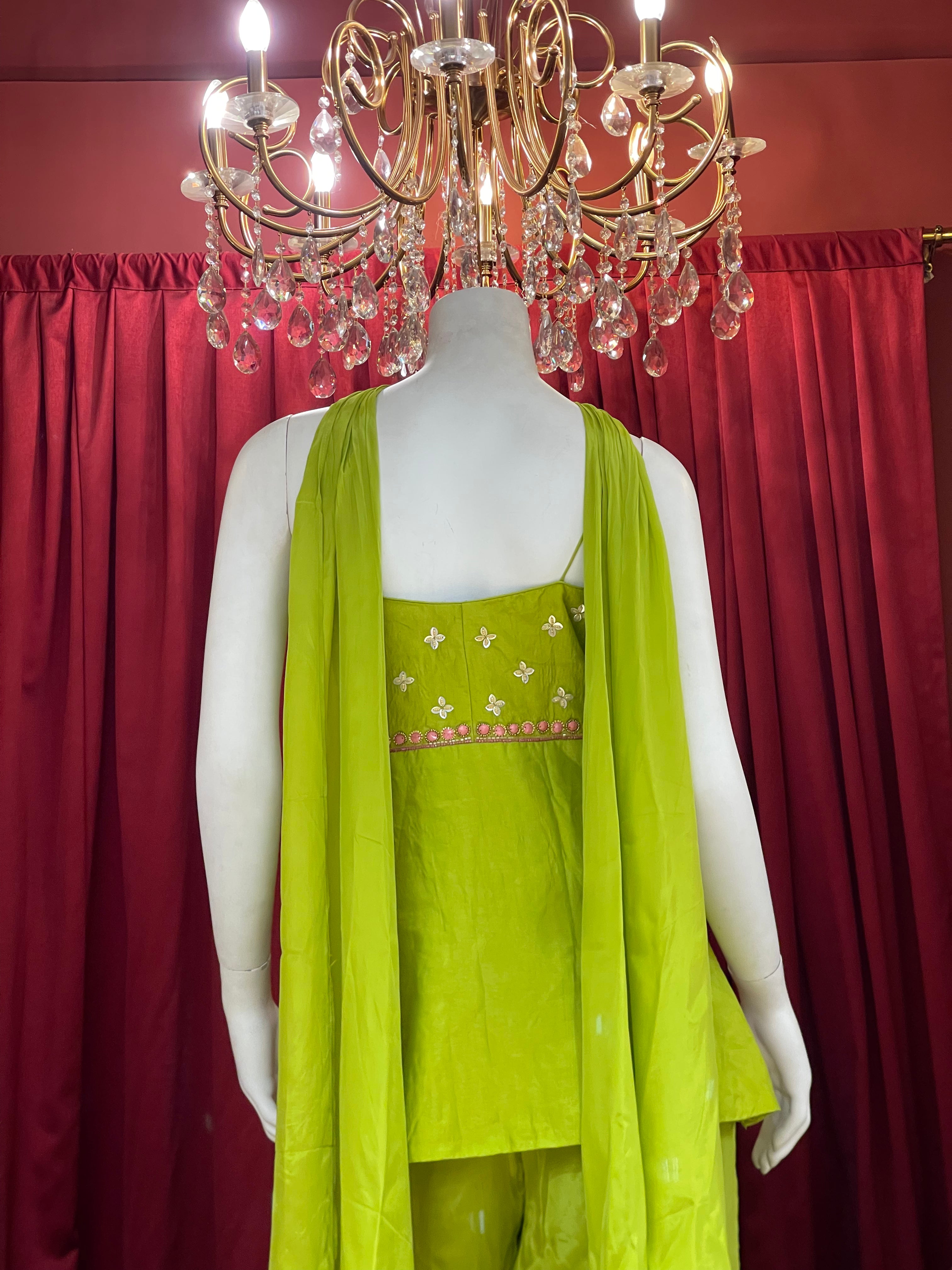 Lime Green Embellished Sharara Set with Floral Details
