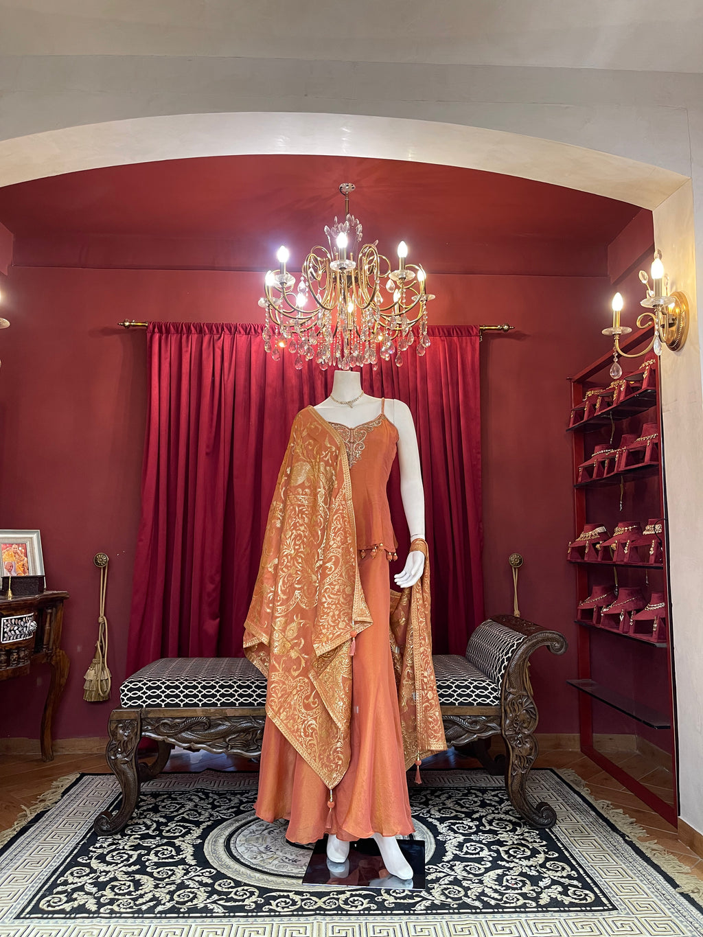 Rust Orange Peplum Kurti Set with Gold Brocade Dupatta