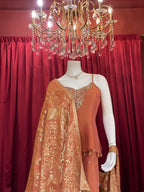Rust Orange Peplum Kurti Set with Gold Brocade Dupatta