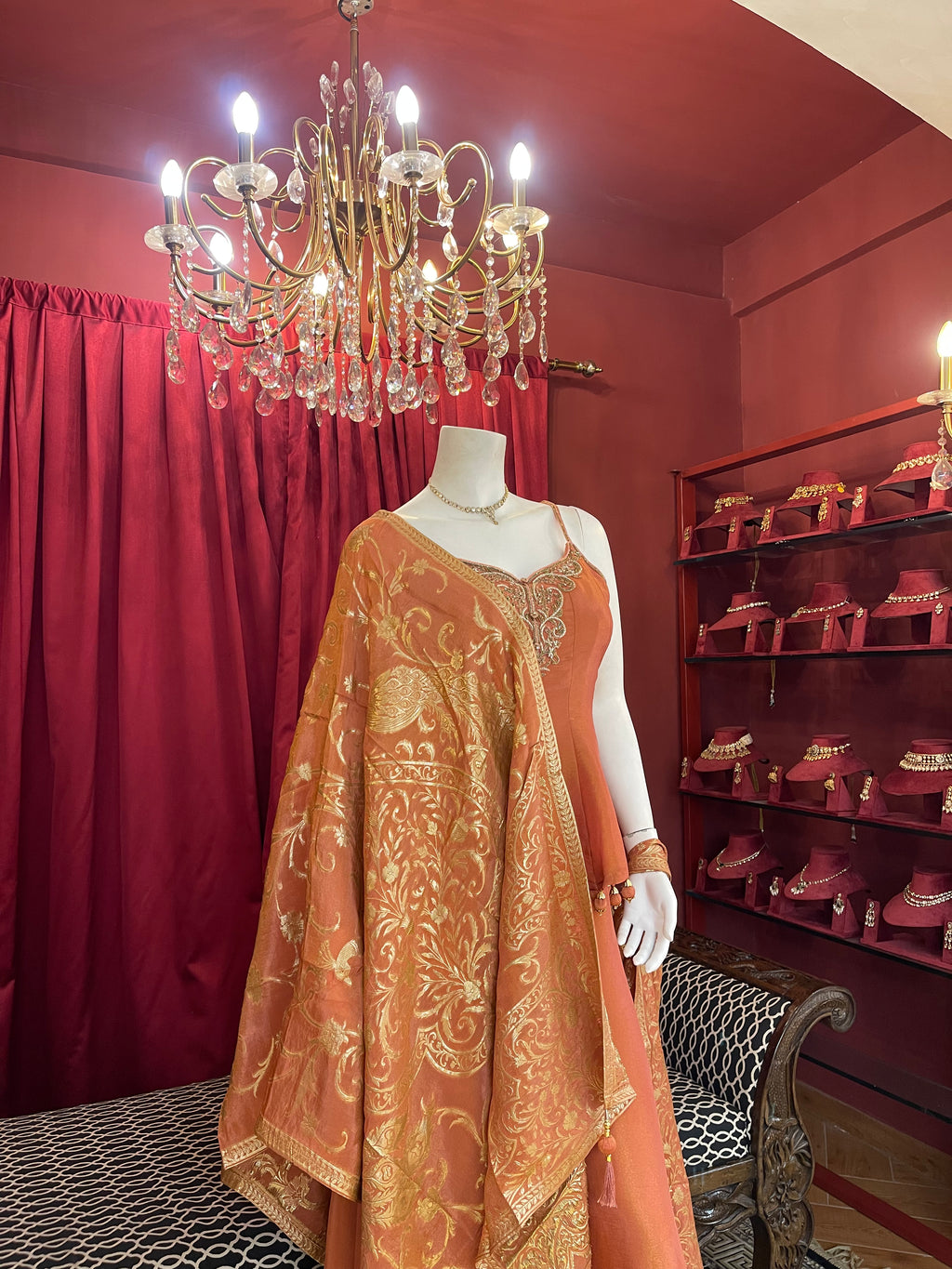 Rust Orange Peplum Kurti Set with Gold Brocade Dupatta