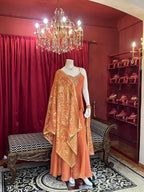 Rust Orange Peplum Kurti Set with Gold Brocade Dupatta