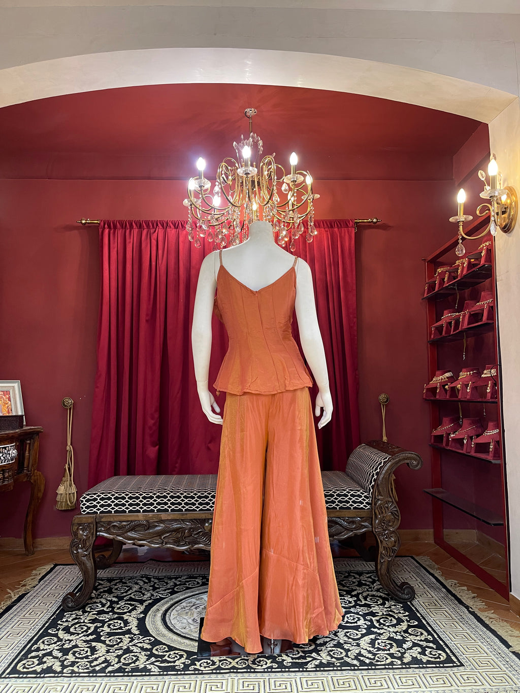 Rust Orange Peplum Kurti Set with Gold Brocade Dupatta