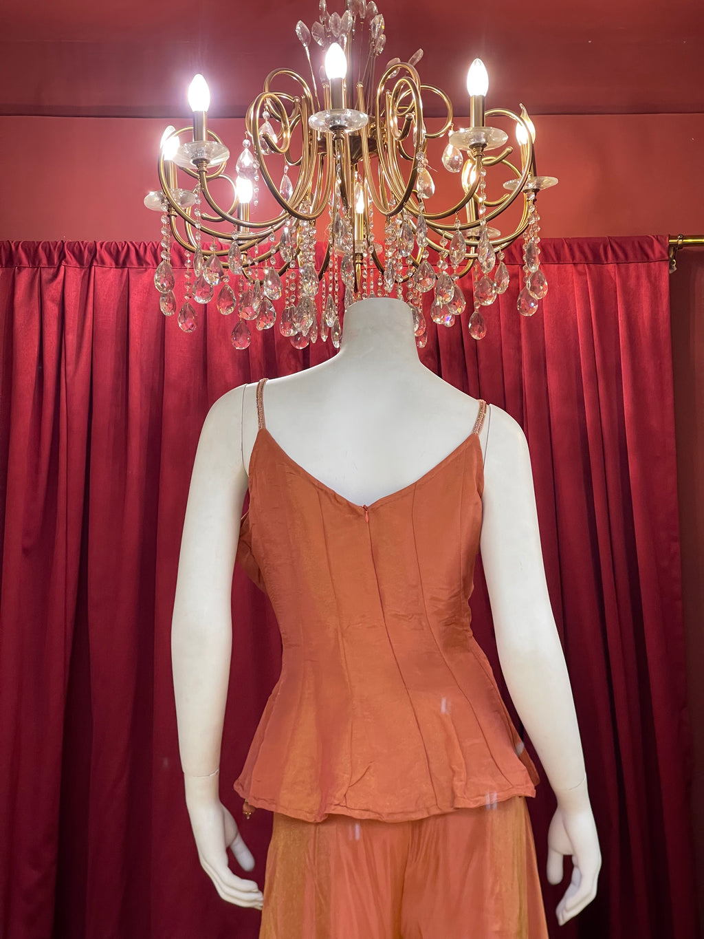 Rust Orange Peplum Kurti Set with Gold Brocade Dupatta