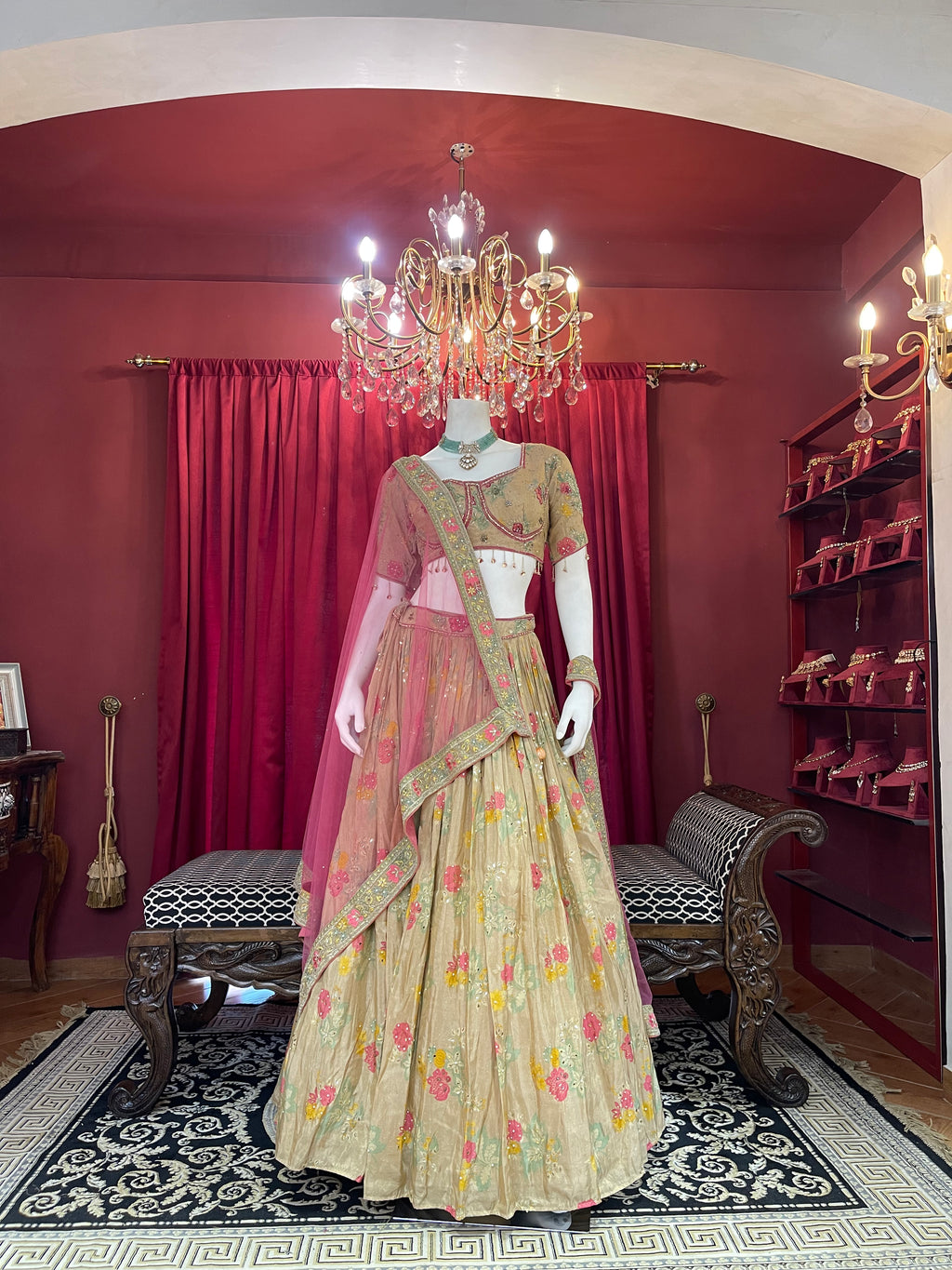 Champagne Gold Embroidered Floral Lehenga Choli Set