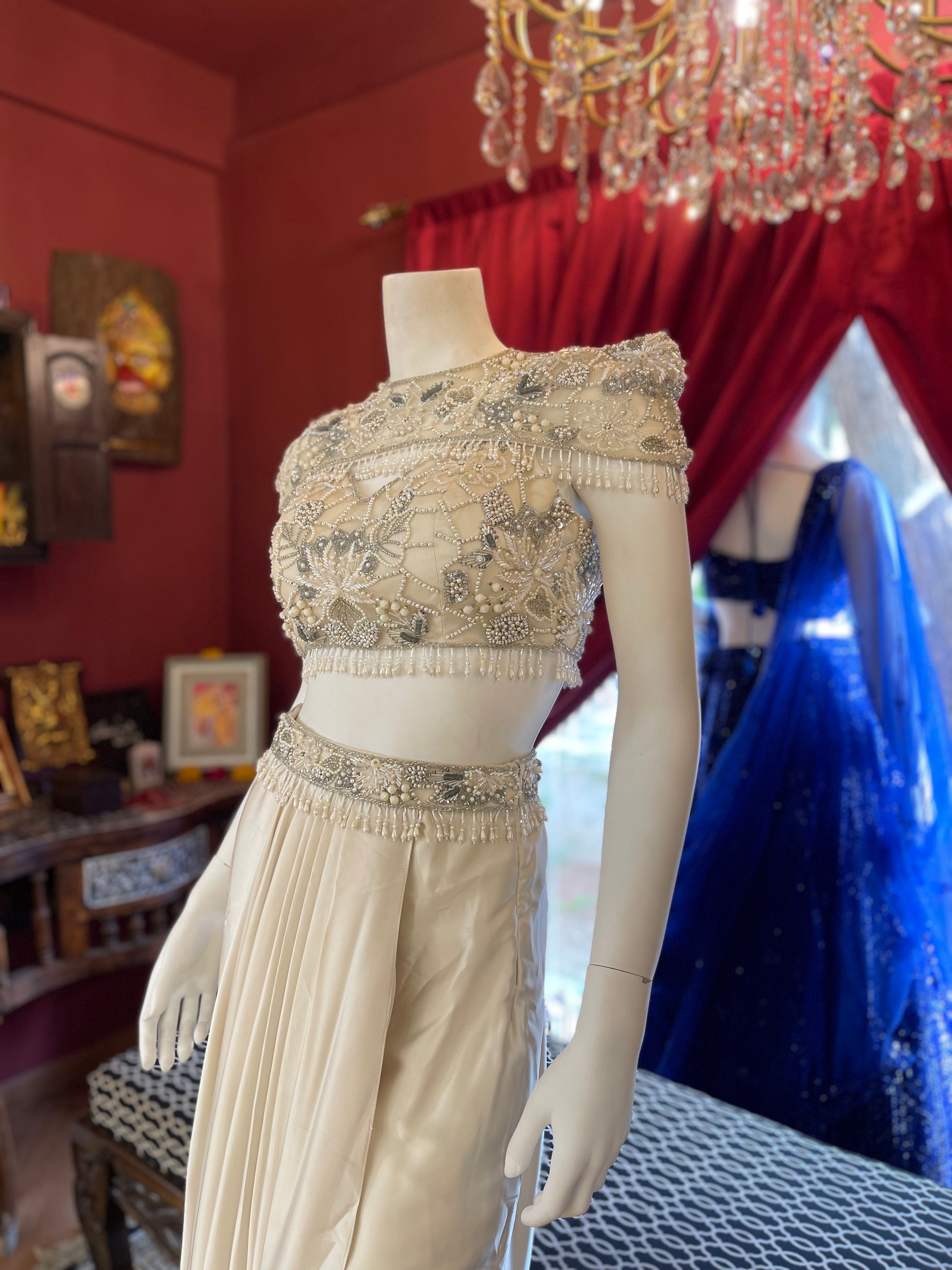 White drape skirt Co-ord With Short Cape X Orepiya